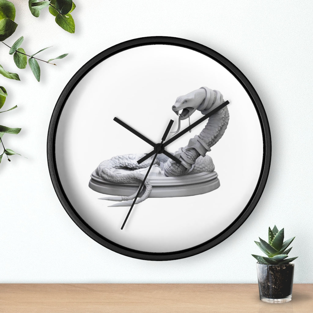 A stylish Snake Wall Clock featuring a unique design with a wooden frame and plexiglass face, perfect for indoor decor.