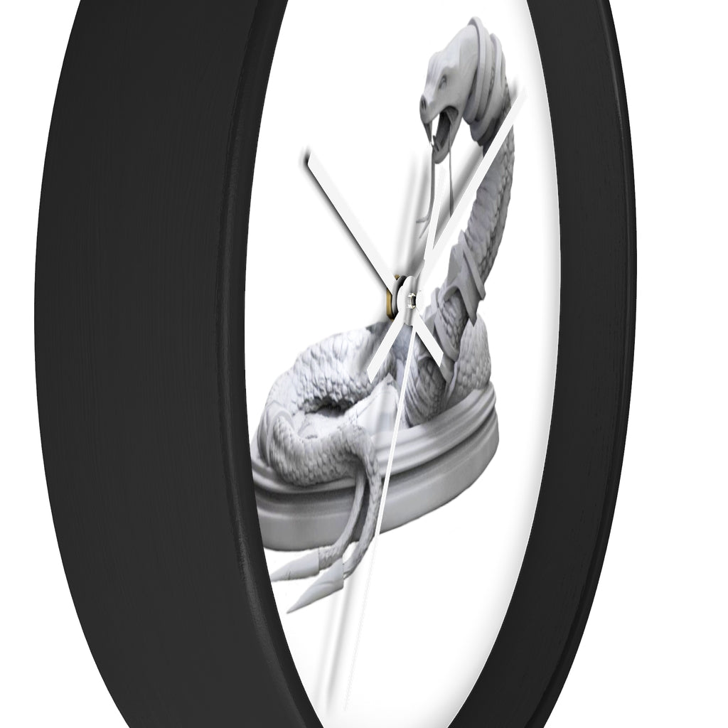 A stylish Snake Wall Clock featuring a unique design with a wooden frame and plexiglass face, perfect for indoor decor.