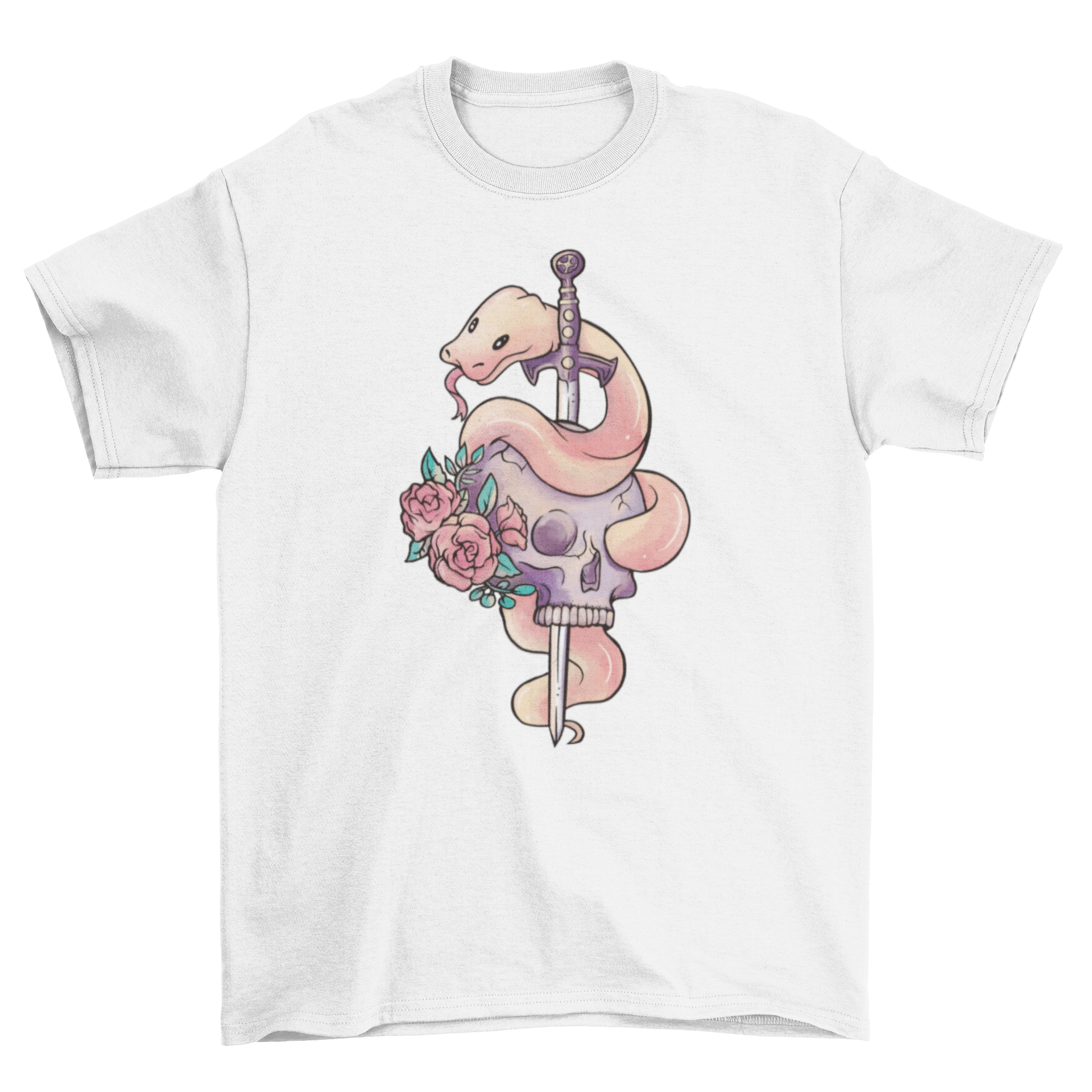 A stylish t-shirt featuring a snake wrapped around a sword, with a skull and floral designs, showcasing a unique and edgy fashion statement.