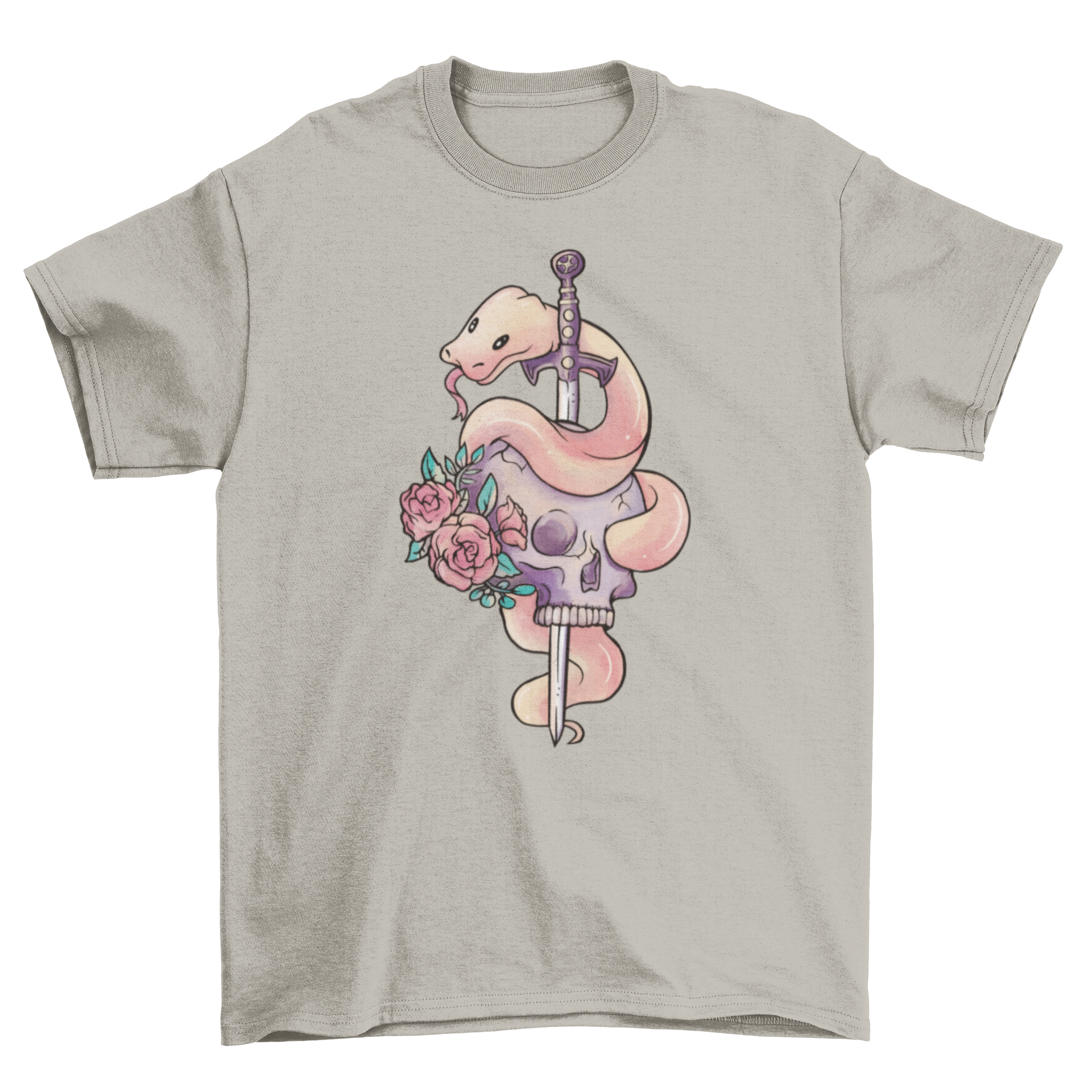 A stylish t-shirt featuring a snake wrapped around a sword, with a skull and floral designs, showcasing a unique and edgy fashion statement.