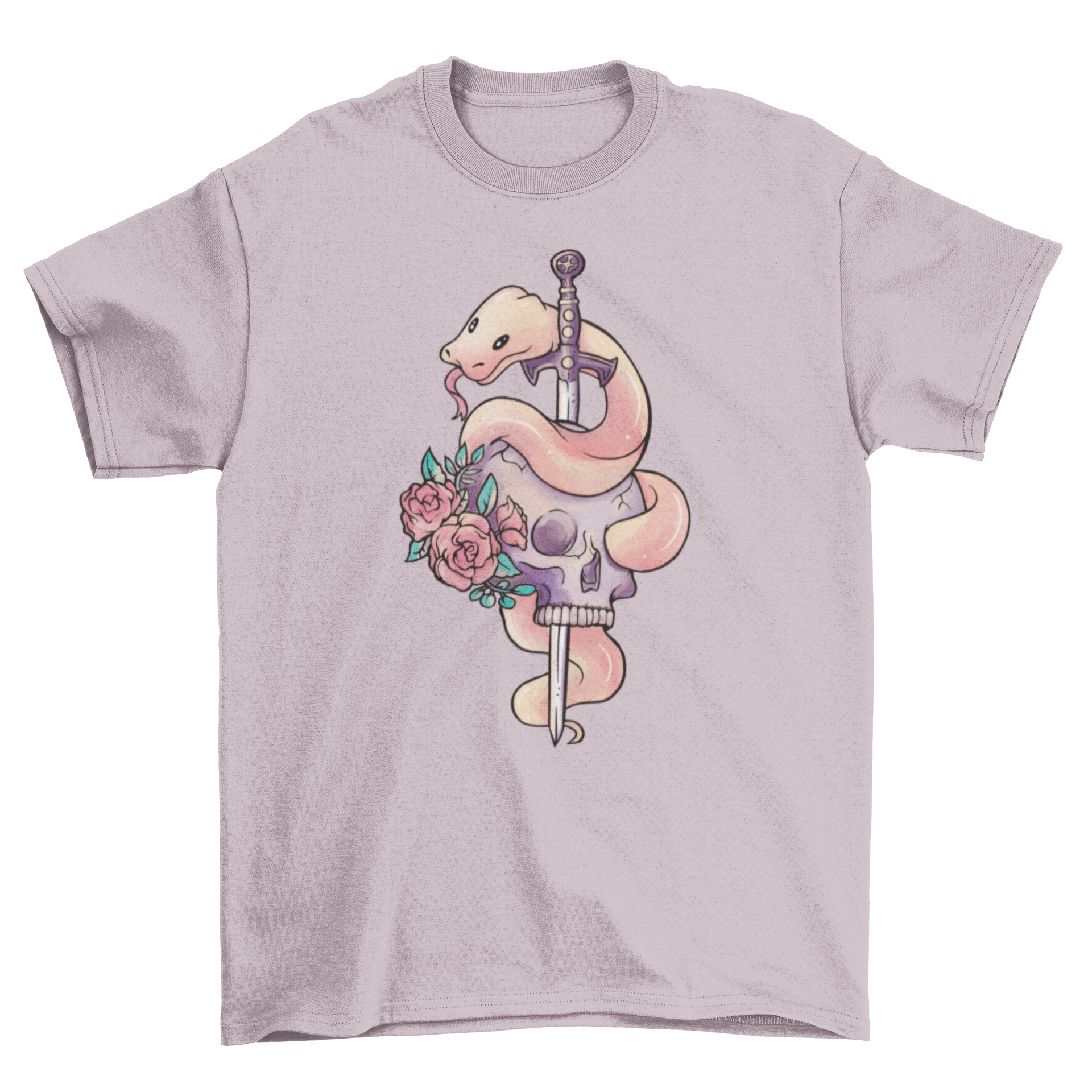 A stylish t-shirt featuring a snake wrapped around a sword, with a skull and floral designs, showcasing a unique and edgy fashion statement.