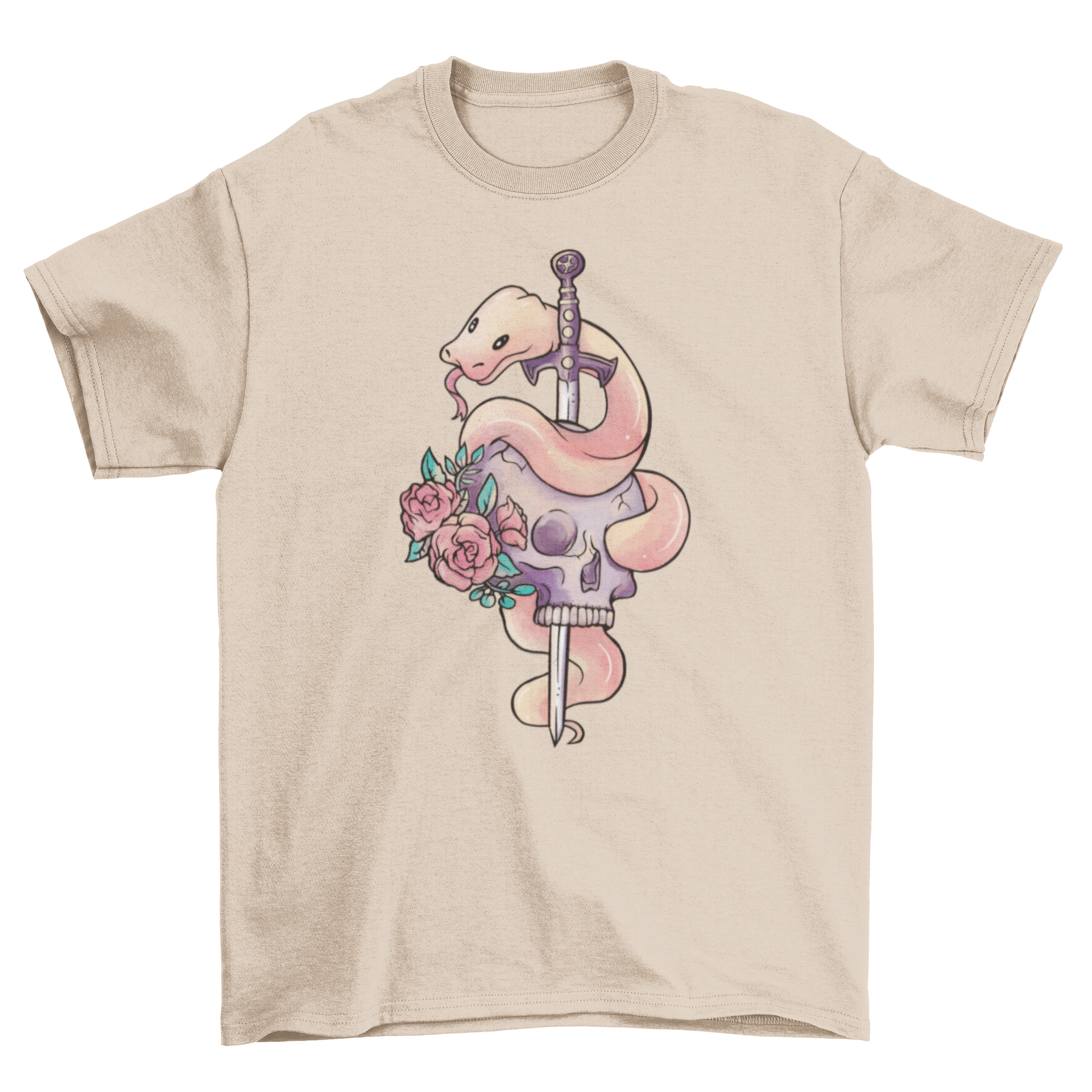 A stylish t-shirt featuring a snake wrapped around a sword, with a skull and floral designs, showcasing a unique and edgy fashion statement.