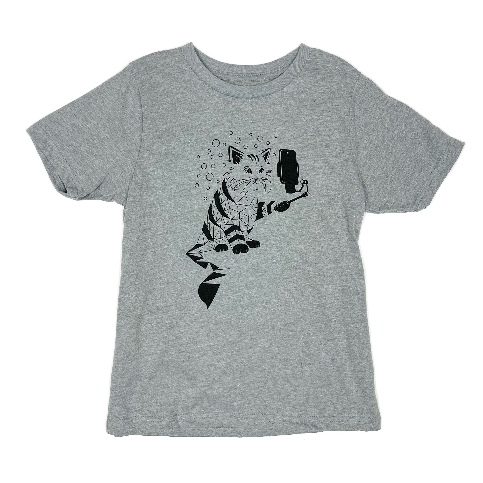 Snap Cat Kids T-Shirt featuring a playful Cheshire Cat illustration on a heather grey fitted crew neck design.