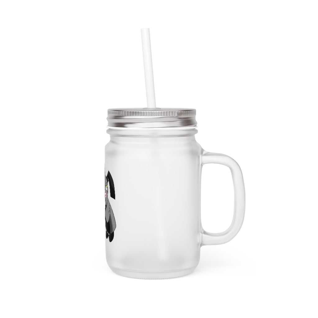 A stylish Snaughtnaut Mason Jar made of frosted glass, featuring a straw and lid, perfect for personalized drinks.