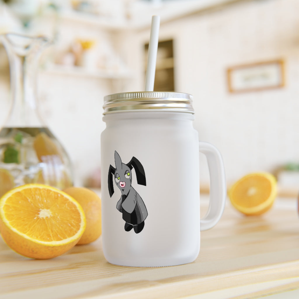 A stylish Snaughtnaut Mason Jar made of frosted glass, featuring a straw and lid, perfect for personalized drinks.