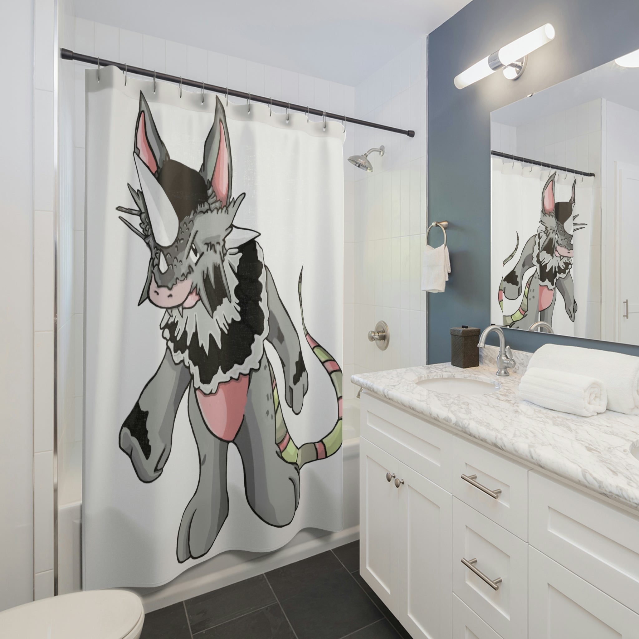 Snibble Shower Curtain featuring vibrant custom designs on durable polyester fabric, enhancing bathroom decor.