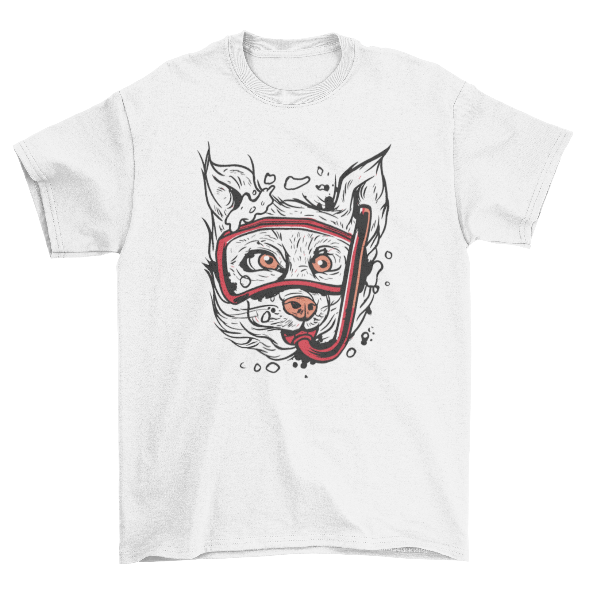 A playful t-shirt design featuring a white dog snorkeling with oversized red goggles, perfect for dog lovers.