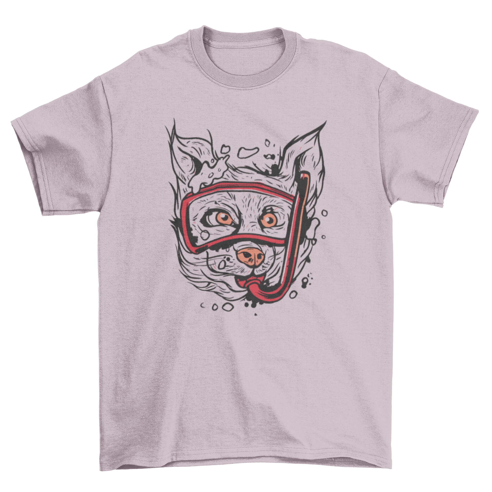 A playful t-shirt design featuring a white dog snorkeling with oversized red goggles, perfect for dog lovers.