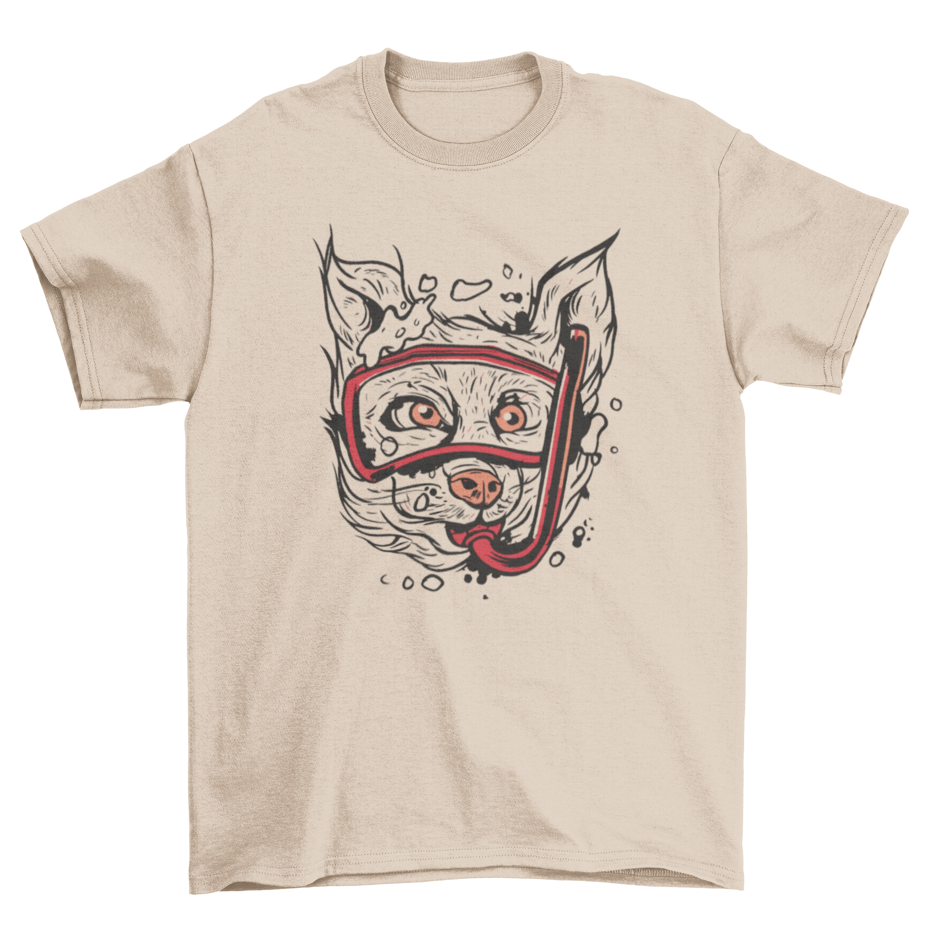 A playful t-shirt design featuring a white dog snorkeling with oversized red goggles, perfect for dog lovers.