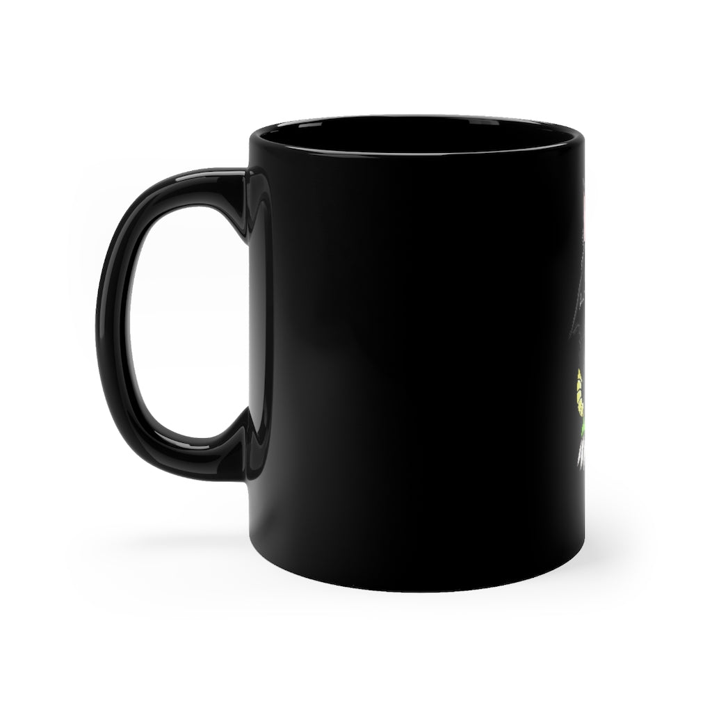 A sleek black ceramic mug with rounded corners and a C-handle, showcasing its 11oz capacity and full-wrap decoration style.