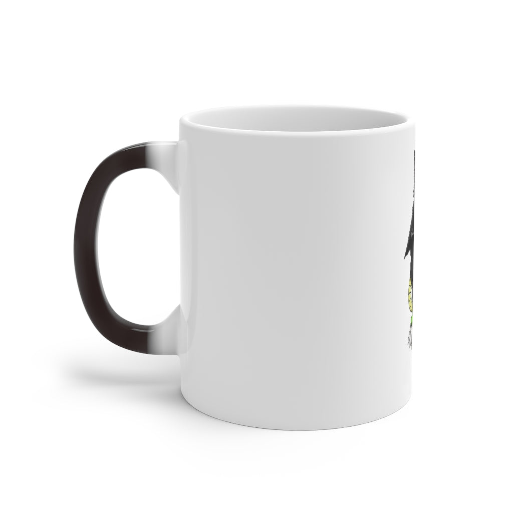 Snouse Color Changing Mug showcasing vibrant colors when filled with hot liquid, featuring a white ceramic design and a comfortable C-handle.