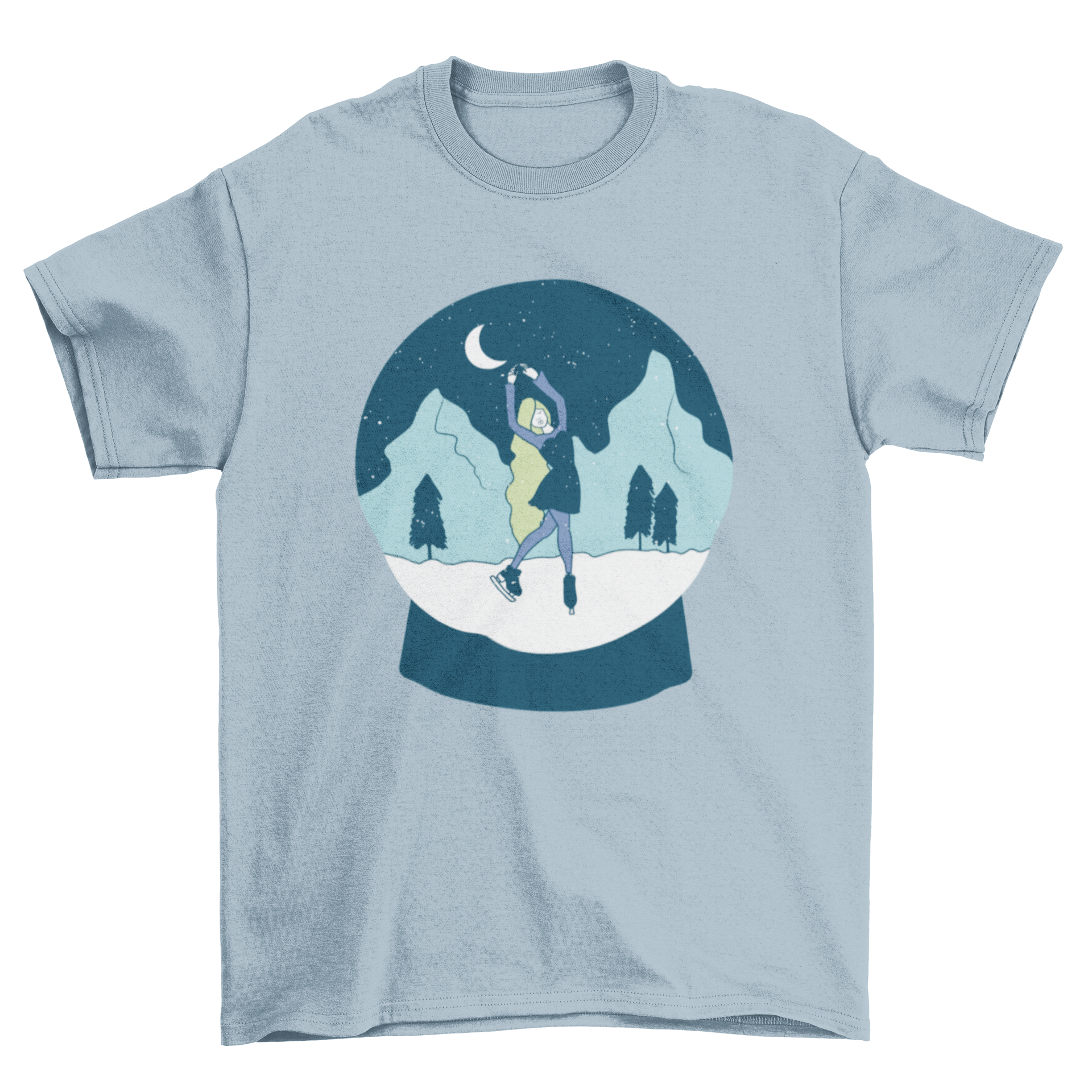 A stylish t-shirt featuring a girl skating inside a snow globe, perfect for winter lovers.