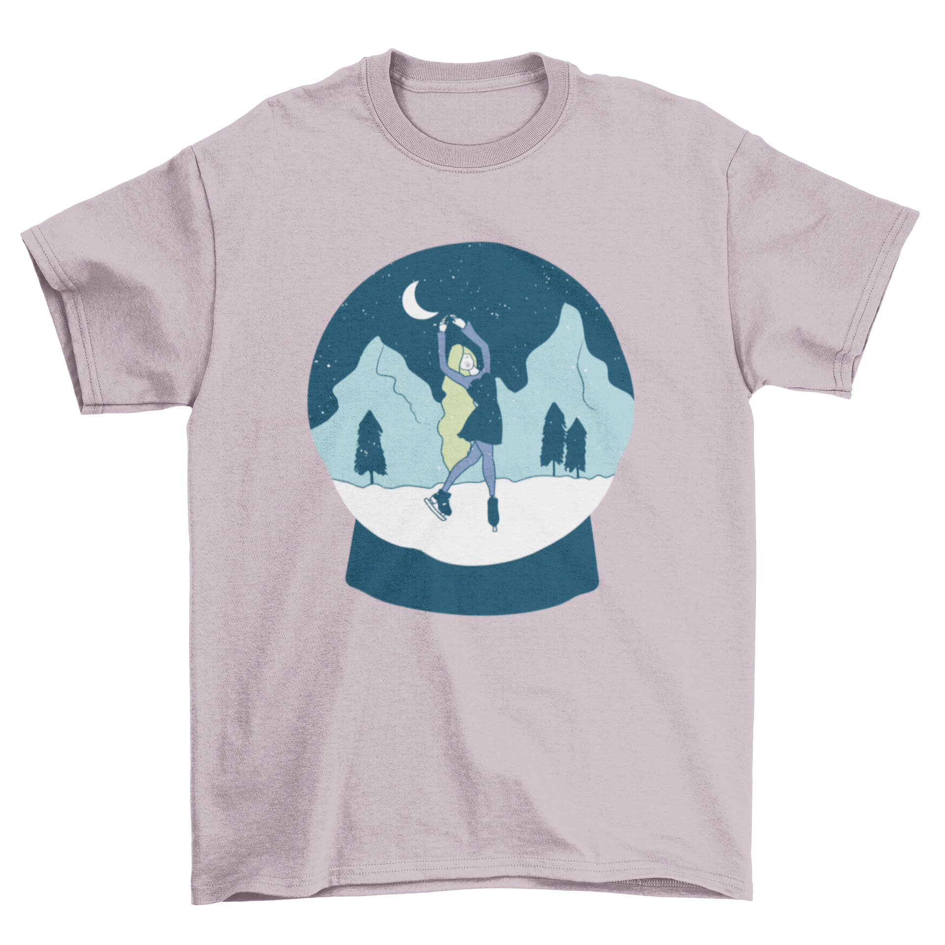 A stylish t-shirt featuring a girl skating inside a snow globe, perfect for winter lovers.