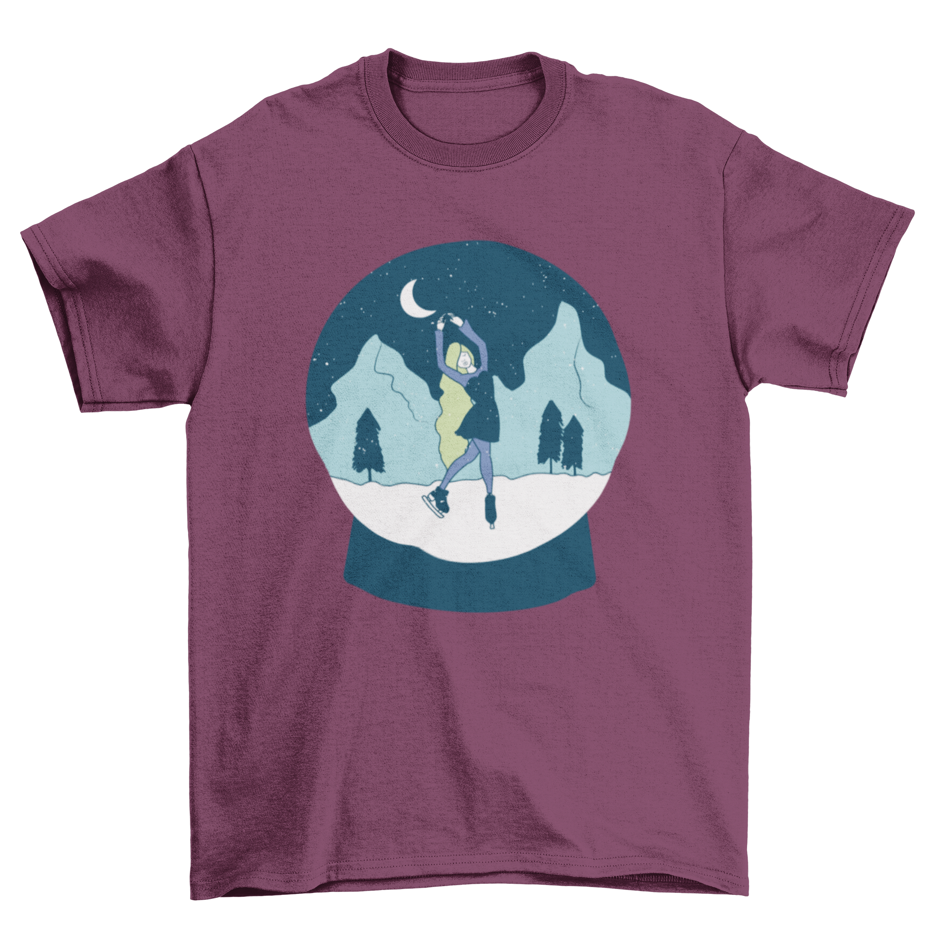 A stylish t-shirt featuring a girl skating inside a snow globe, perfect for winter lovers.