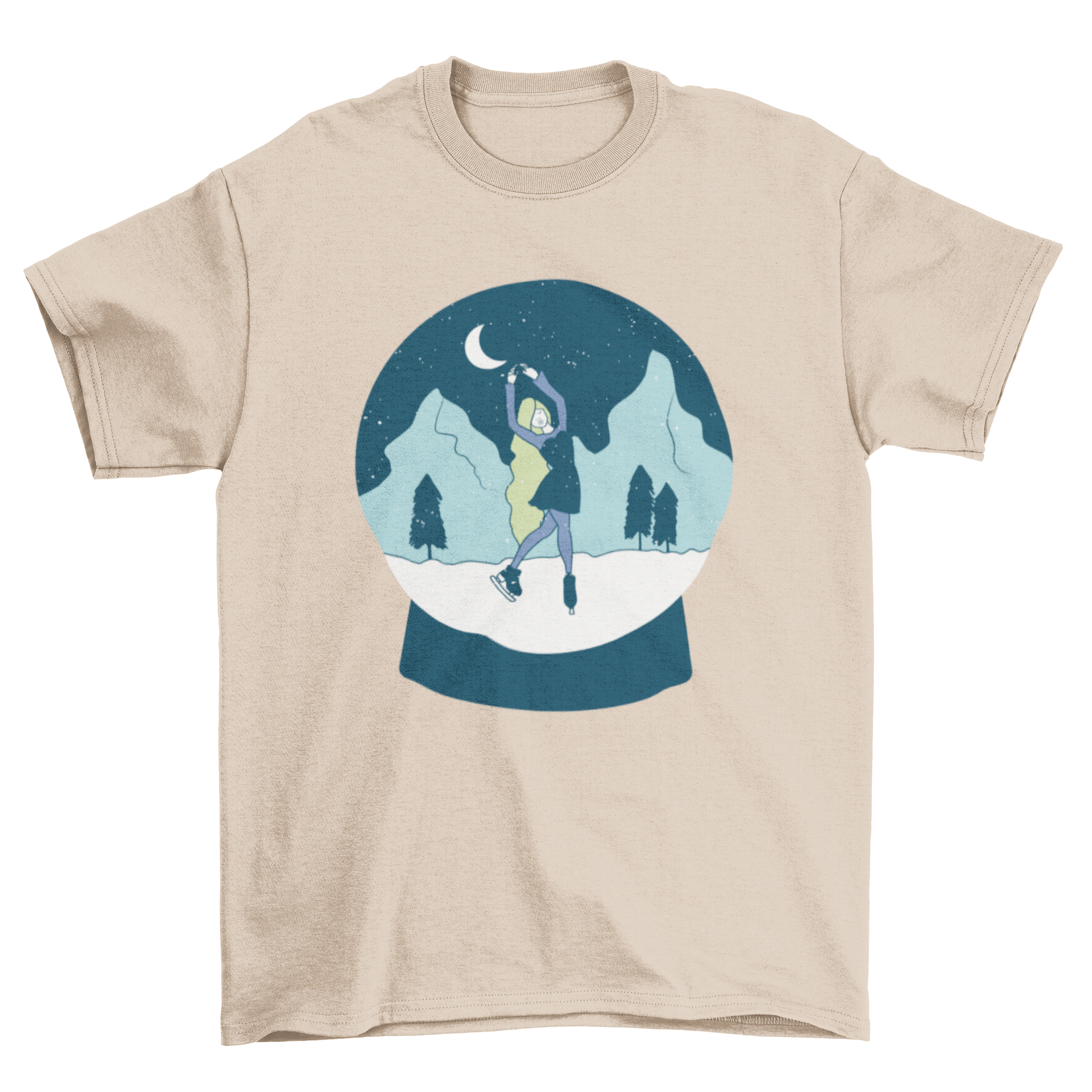 A stylish t-shirt featuring a girl skating inside a snow globe, perfect for winter lovers.