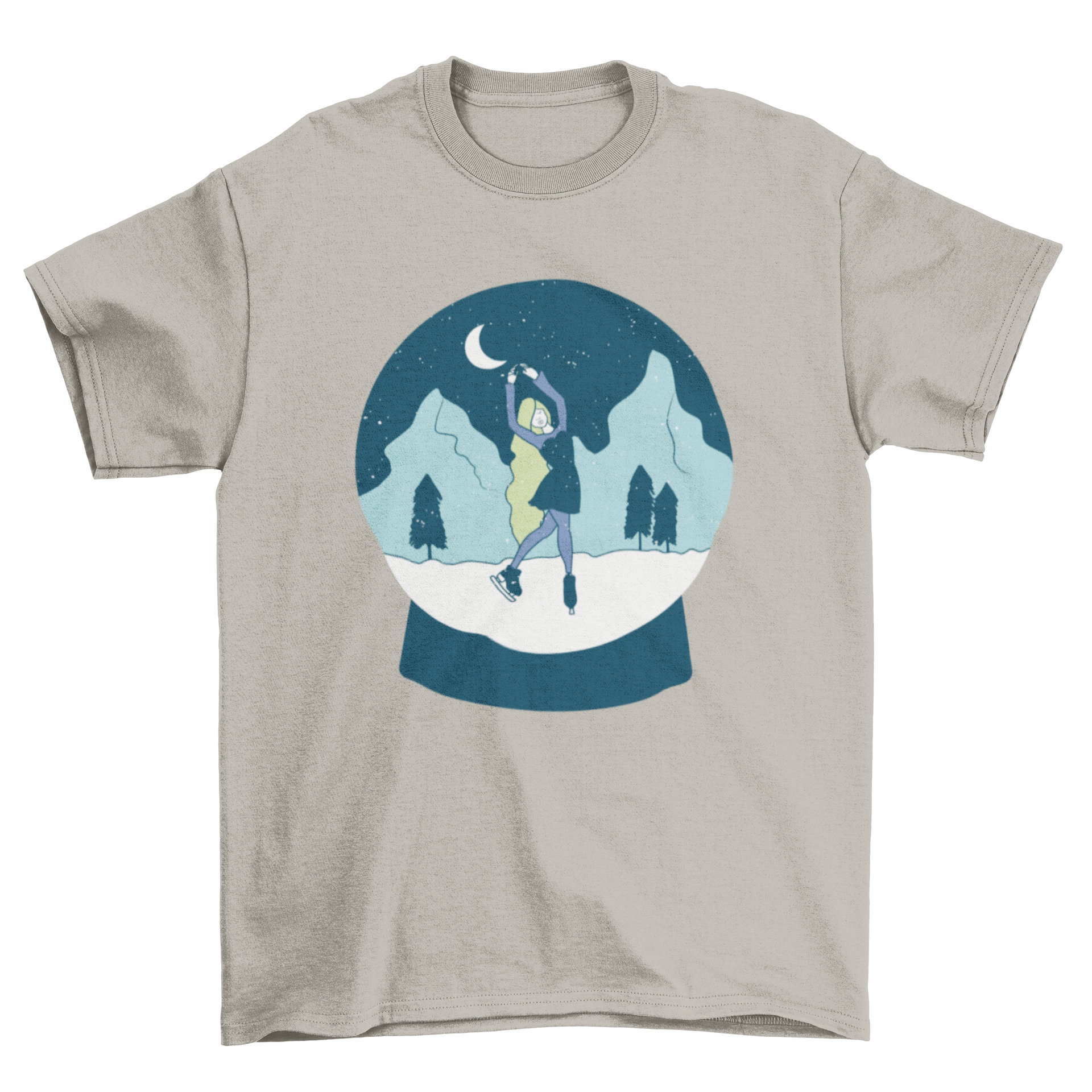 A stylish t-shirt featuring a girl skating inside a snow globe, perfect for winter lovers.