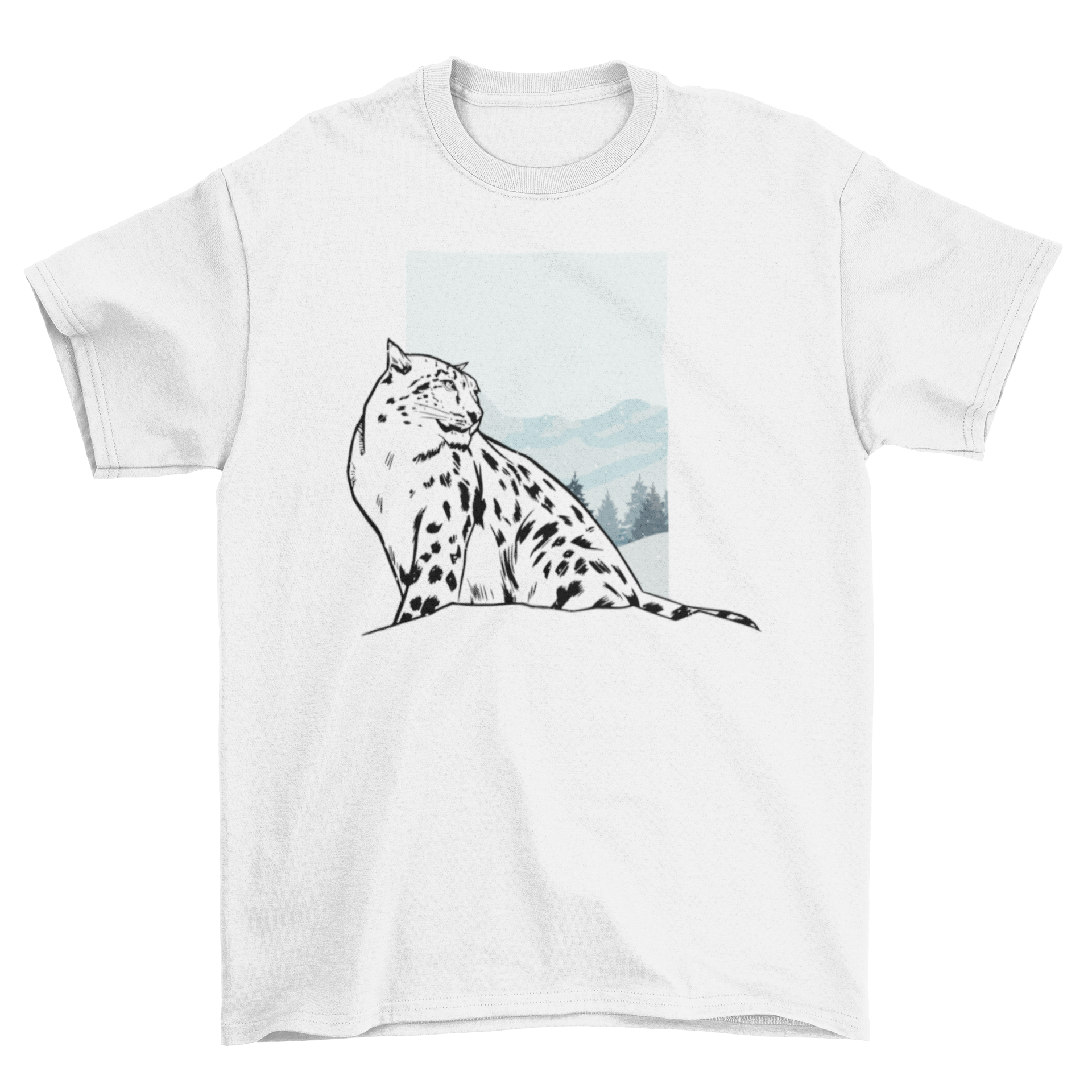 A stylish Snow Leopard T-Shirt featuring a white leopard illustration on a snowy landscape, perfect for wildlife enthusiasts.