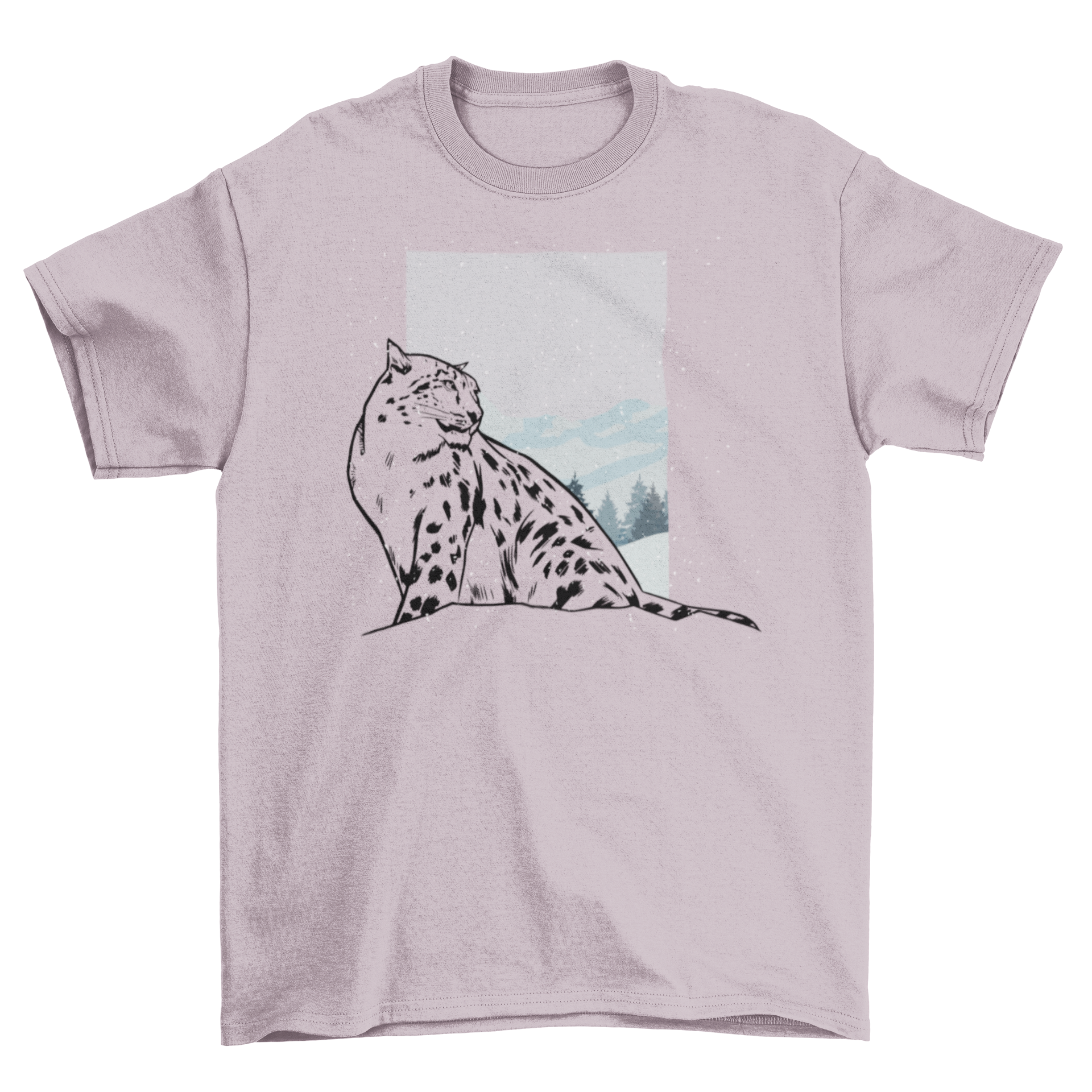 A stylish Snow Leopard T-Shirt featuring a white leopard illustration on a snowy landscape, perfect for wildlife enthusiasts.