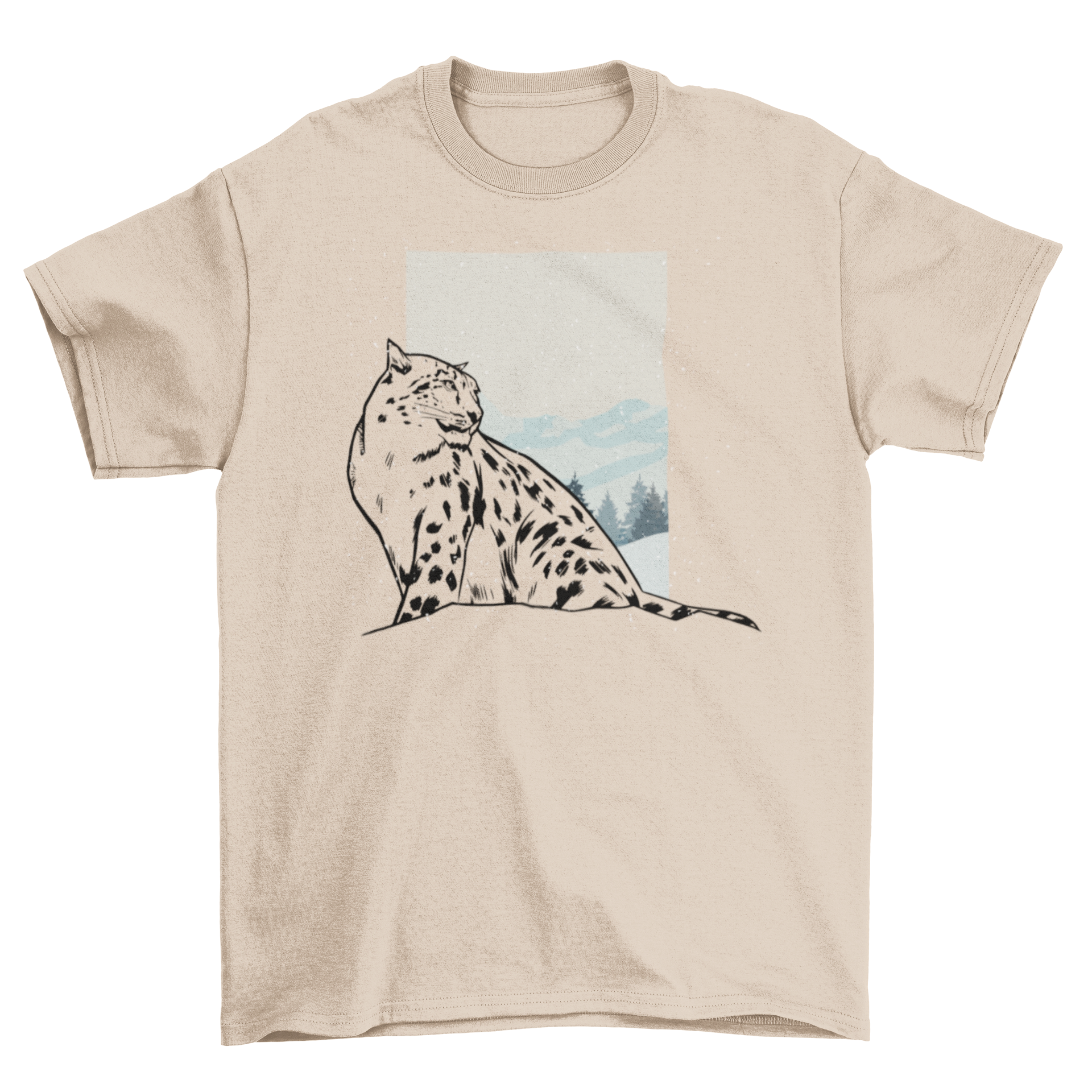 A stylish Snow Leopard T-Shirt featuring a white leopard illustration on a snowy landscape, perfect for wildlife enthusiasts.