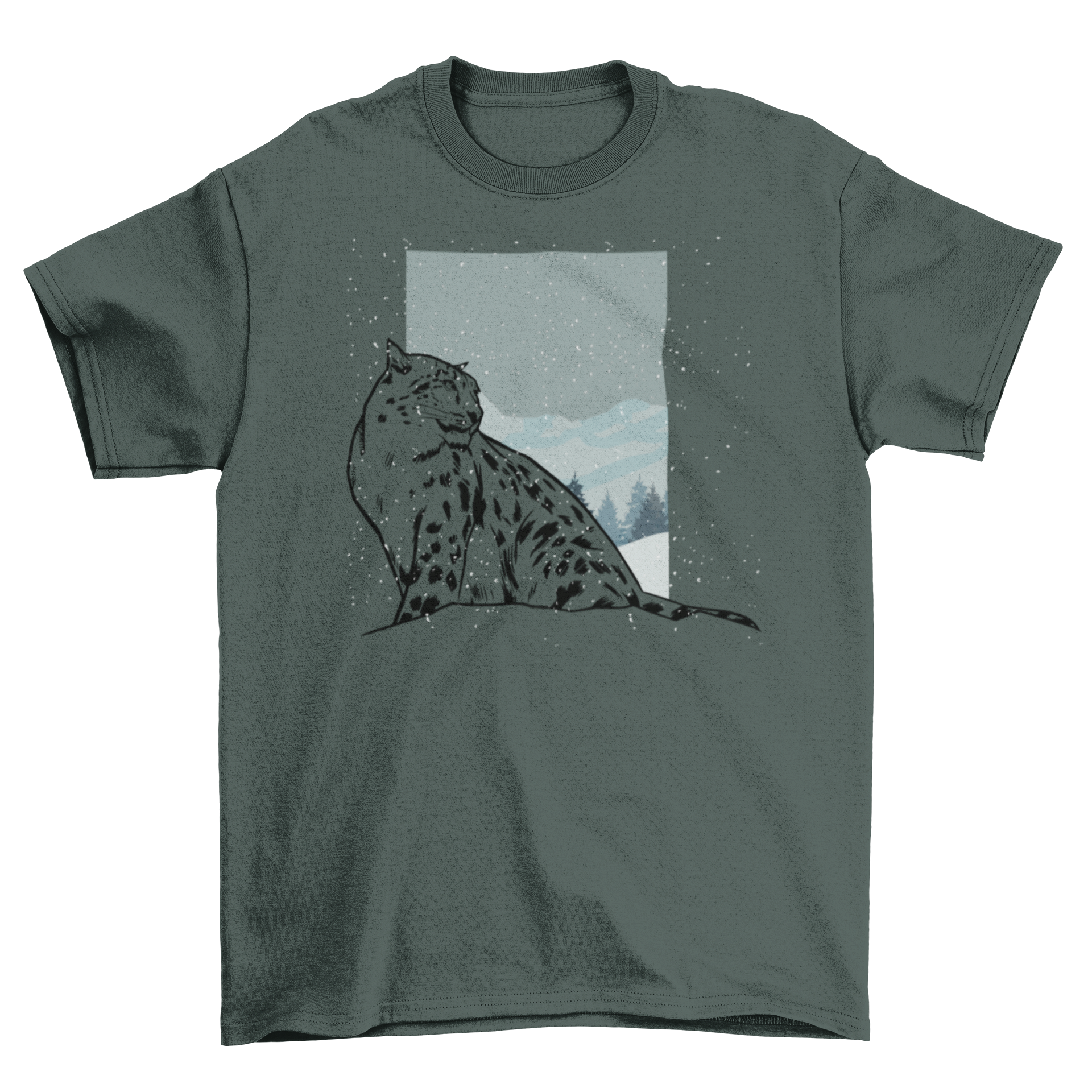 A stylish Snow Leopard T-Shirt featuring a white leopard illustration on a snowy landscape, perfect for wildlife enthusiasts.