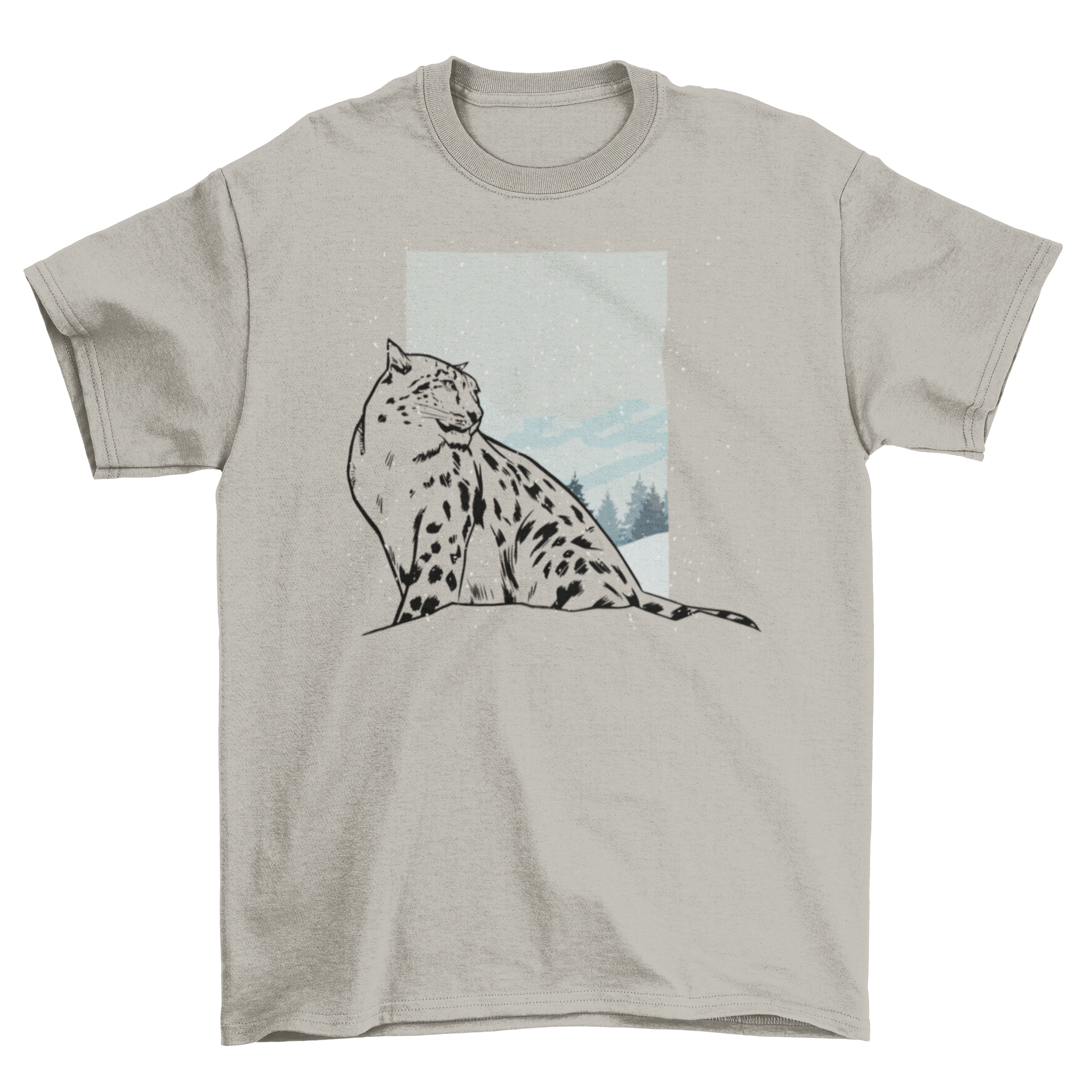 A stylish Snow Leopard T-Shirt featuring a white leopard illustration on a snowy landscape, perfect for wildlife enthusiasts.