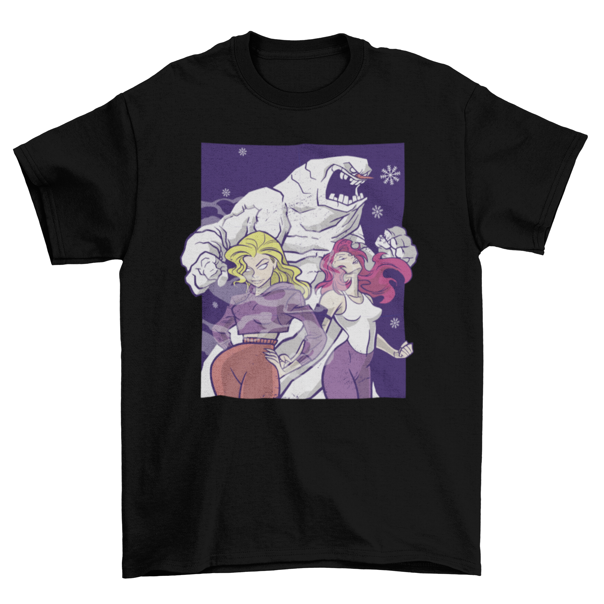 A stylish Snow Monster T-shirt featuring a whimsical illustration of a snow monster with two beautiful women, perfect for casual wear.