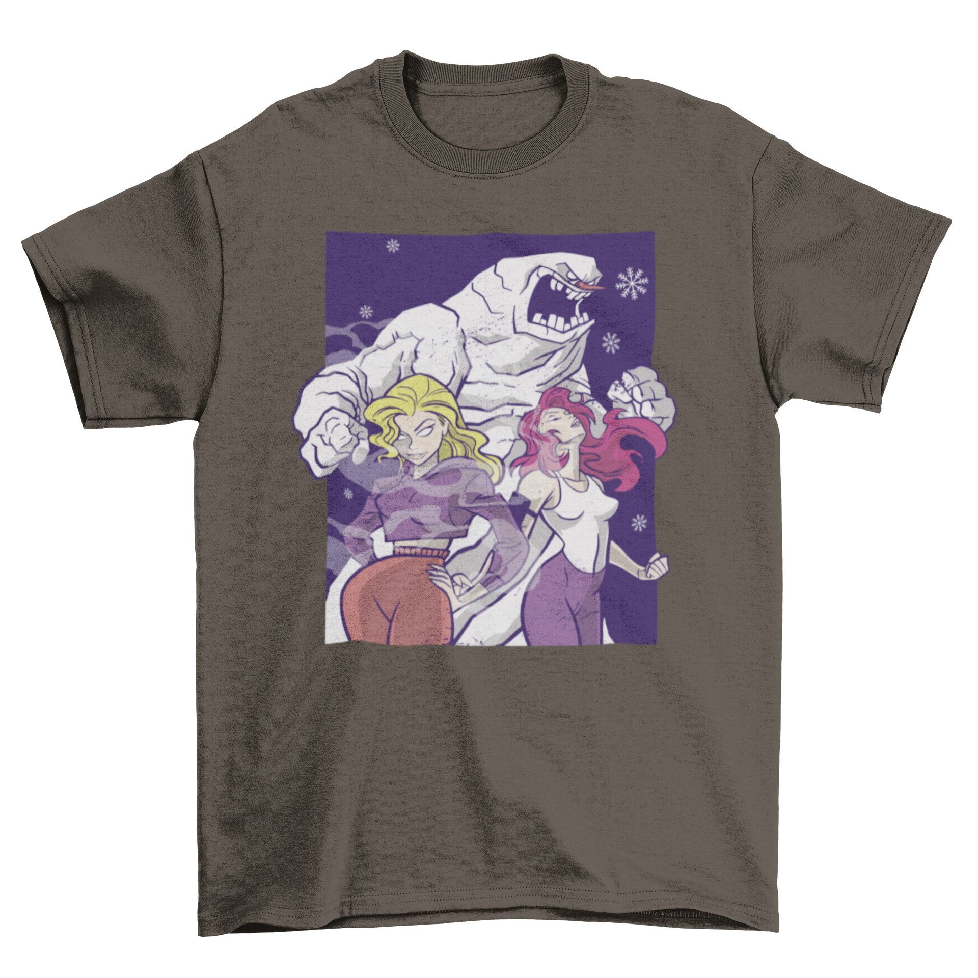 A stylish Snow Monster T-shirt featuring a whimsical illustration of a snow monster with two beautiful women, perfect for casual wear.