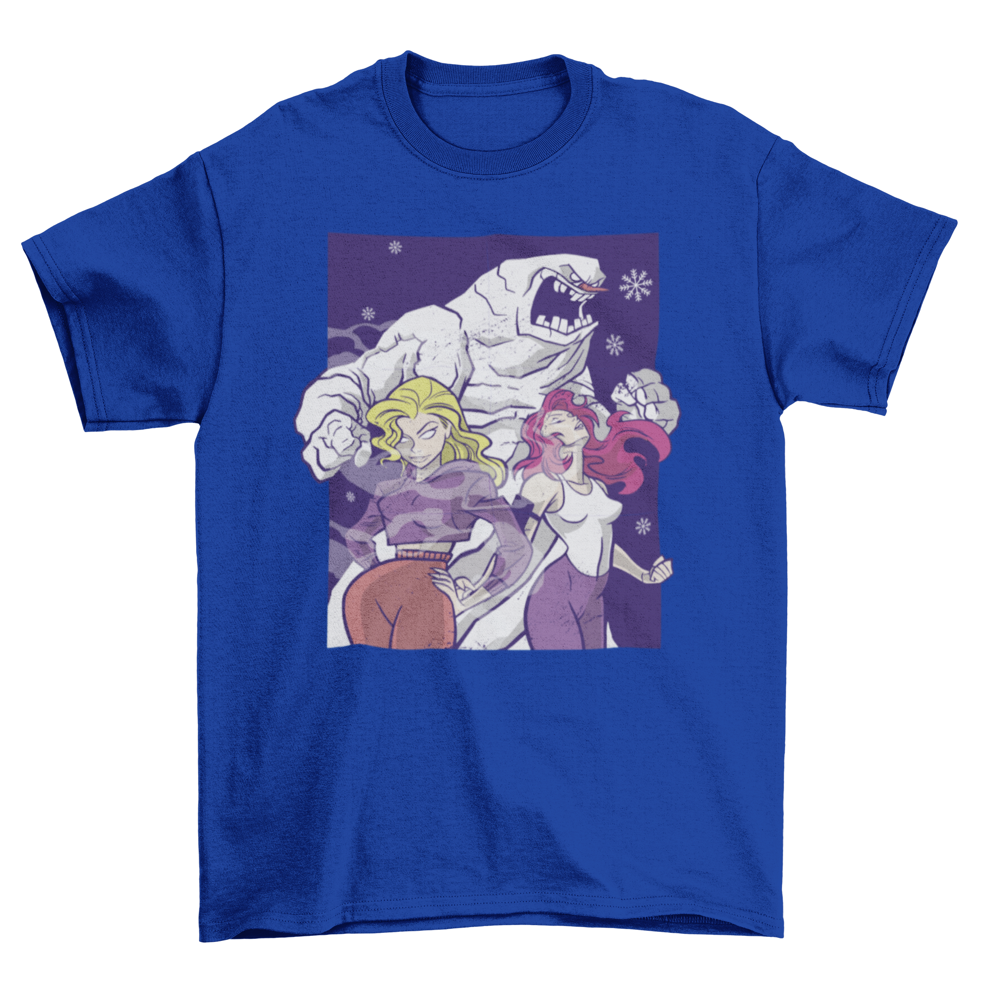 A stylish Snow Monster T-shirt featuring a whimsical illustration of a snow monster with two beautiful women, perfect for casual wear.