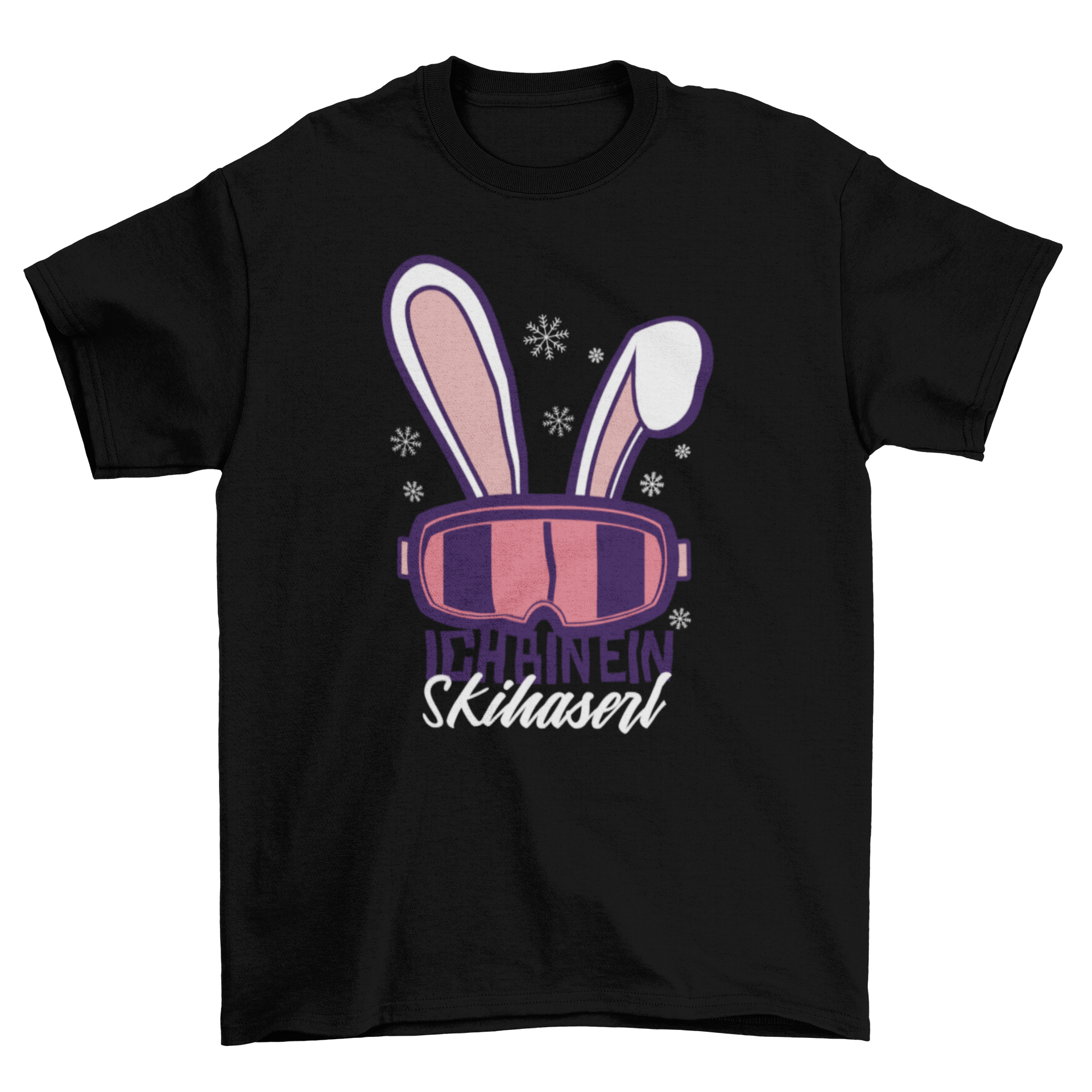 Snow Rabbit T-shirt design featuring snow goggles with bunny ears and German quote.