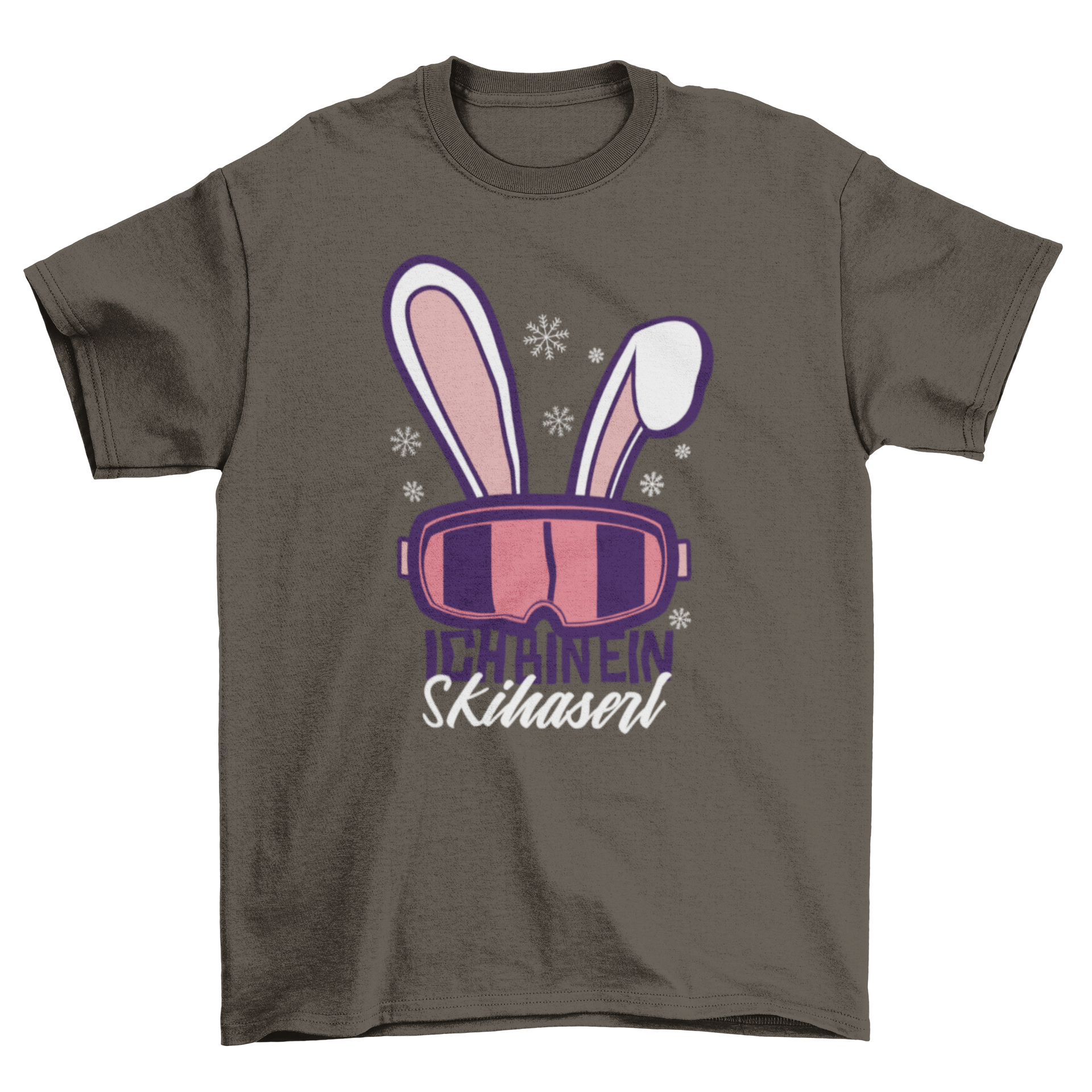 Snow Rabbit T-shirt design featuring snow goggles with bunny ears and German quote.