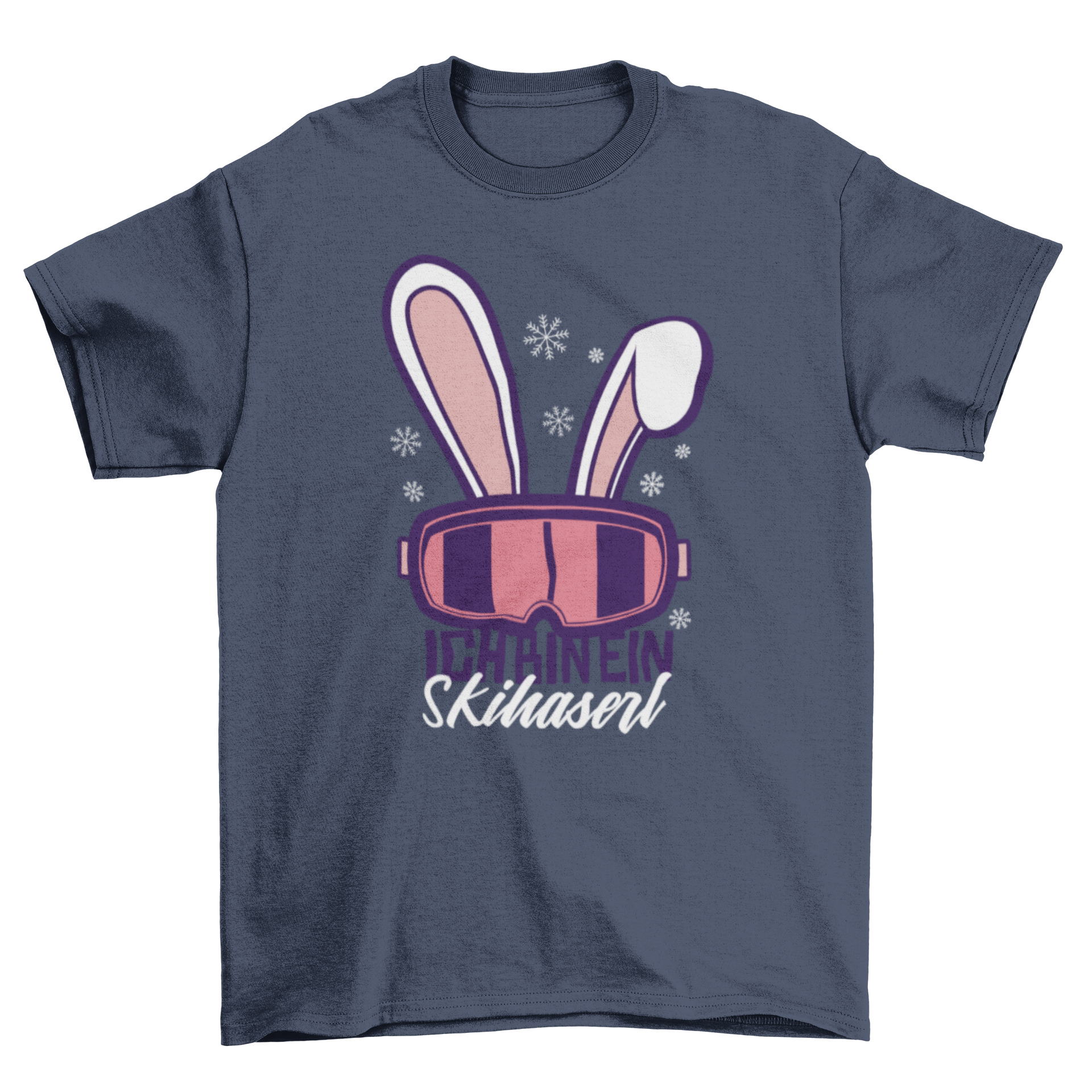 Snow Rabbit T-shirt design featuring snow goggles with bunny ears and German quote.