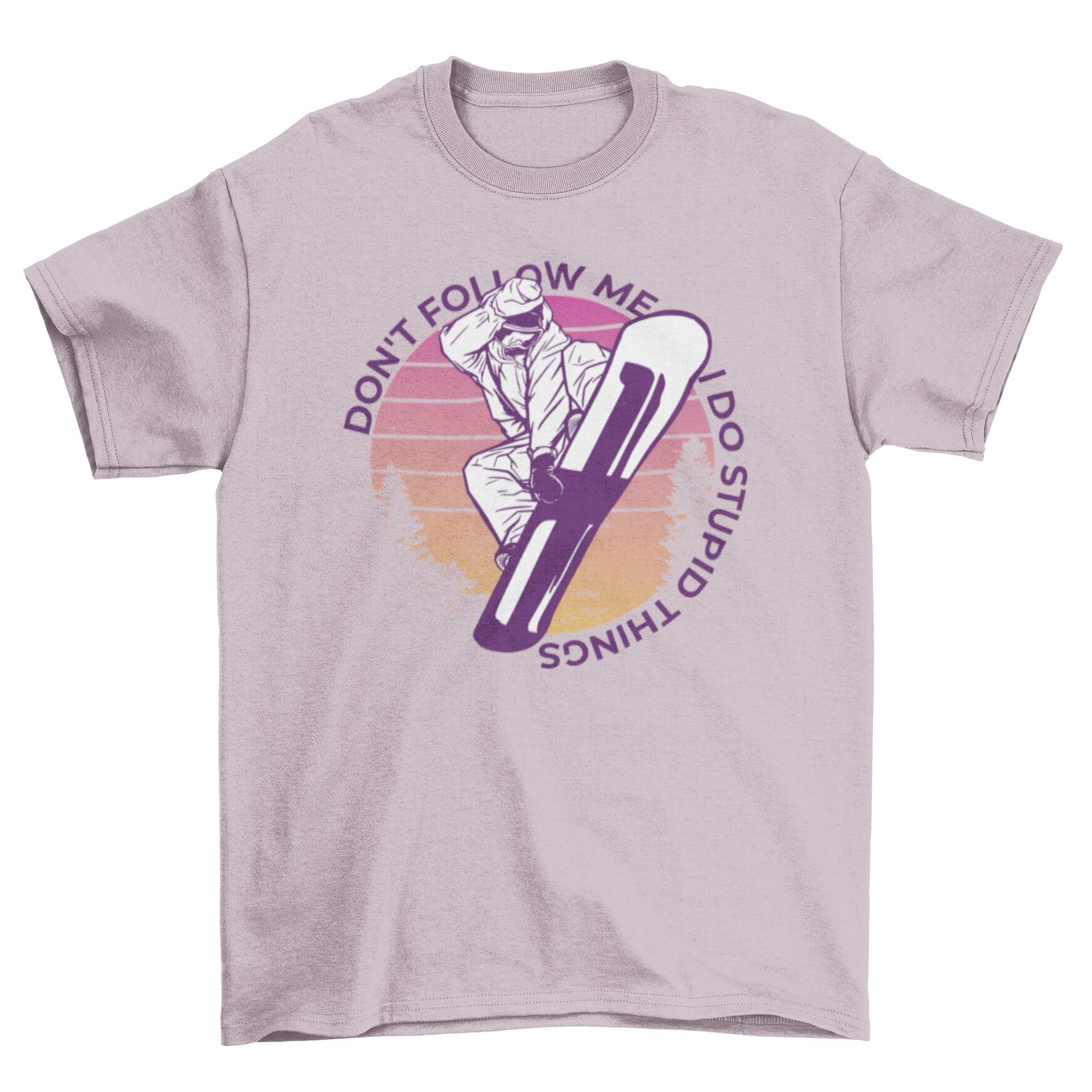 A vibrant retro sunset t-shirt featuring a snowboarder silhouette and humorous quote, perfect for winter sports enthusiasts.