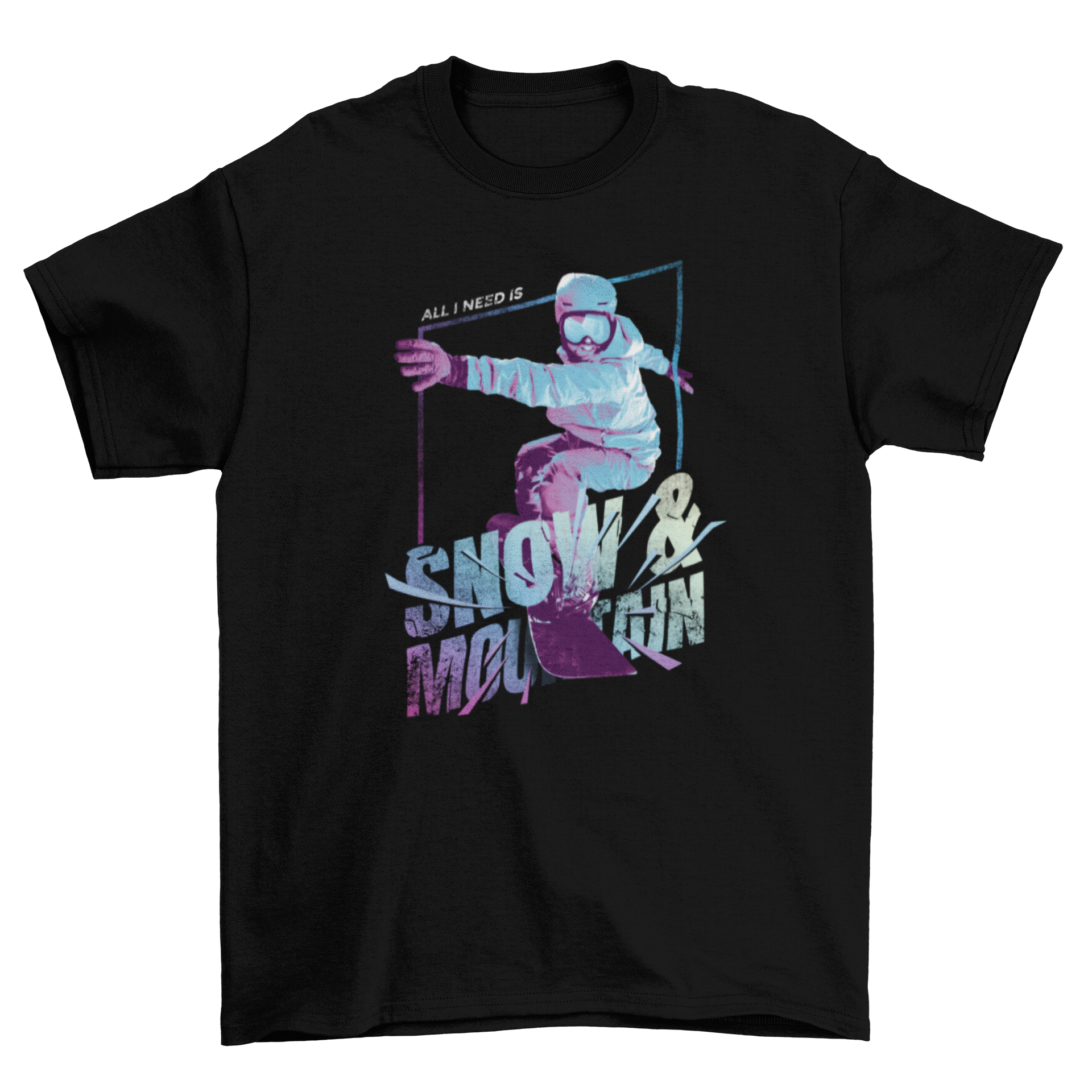 A stylish t-shirt featuring a snowboarder and the quote 'Snow and mountain', perfect for winter sports enthusiasts.