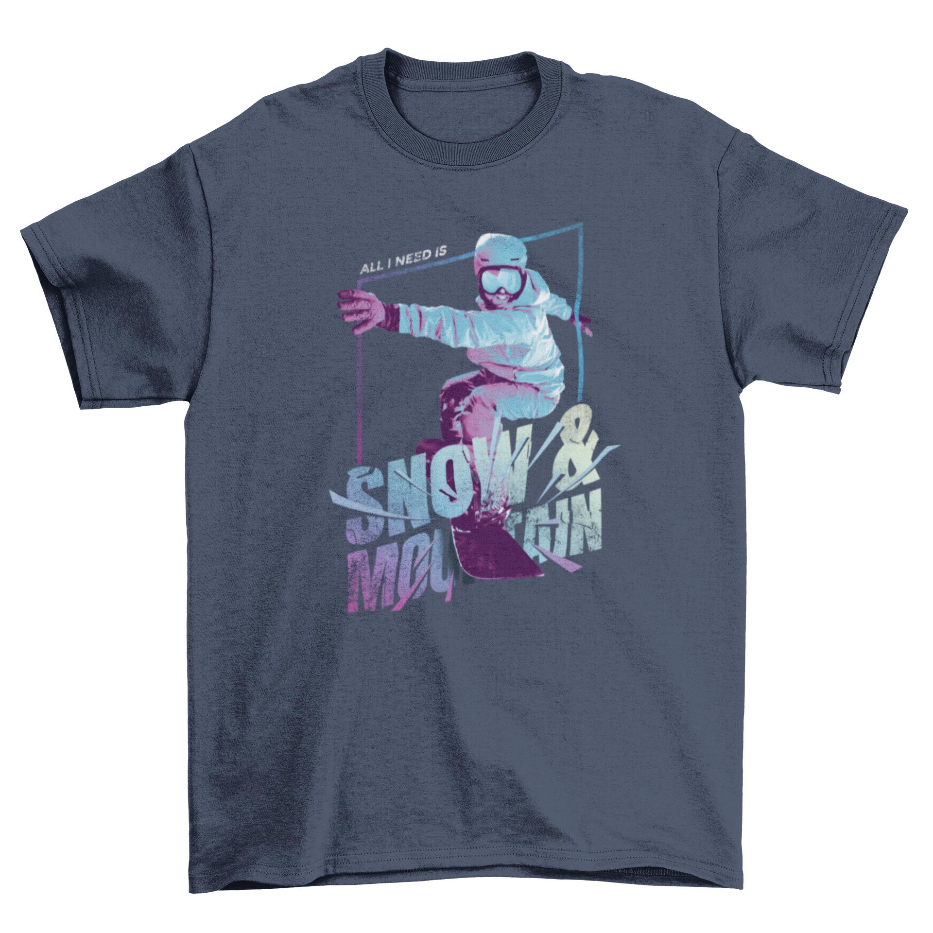 A stylish t-shirt featuring a snowboarder and the quote 'Snow and mountain', perfect for winter sports enthusiasts.