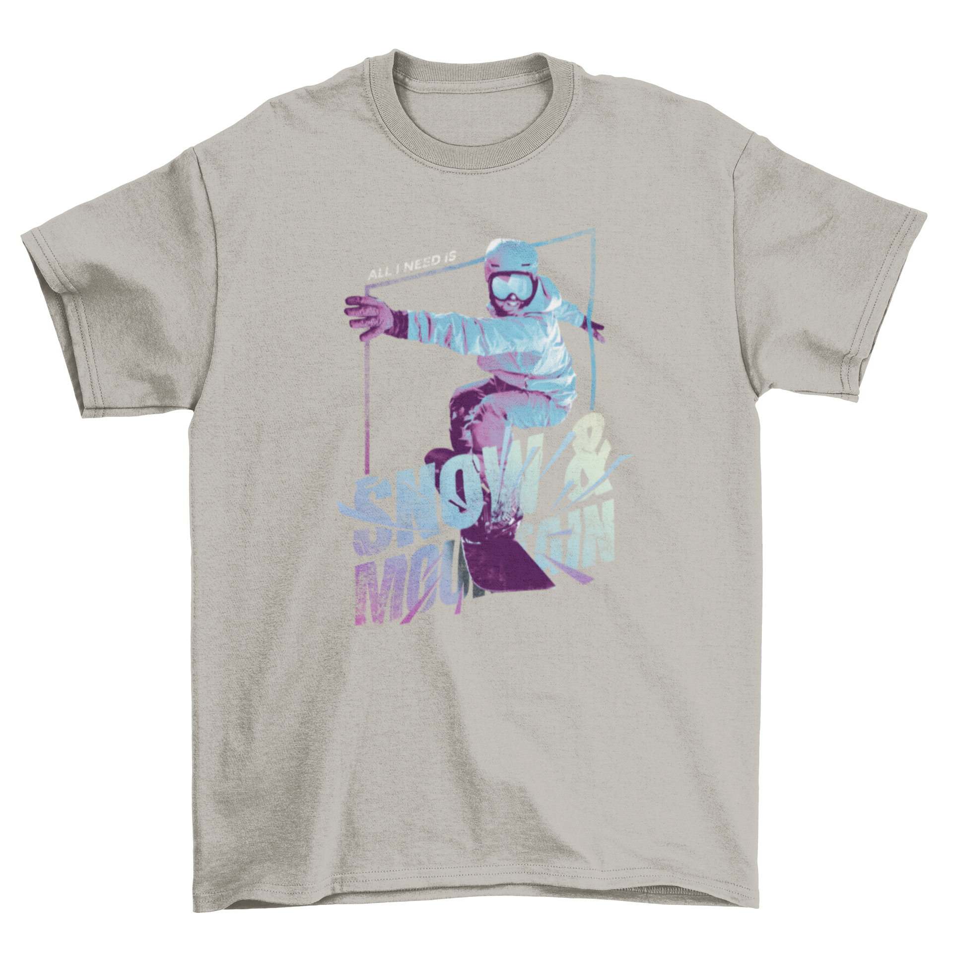 A stylish t-shirt featuring a snowboarder and the quote 'Snow and mountain', perfect for winter sports enthusiasts.