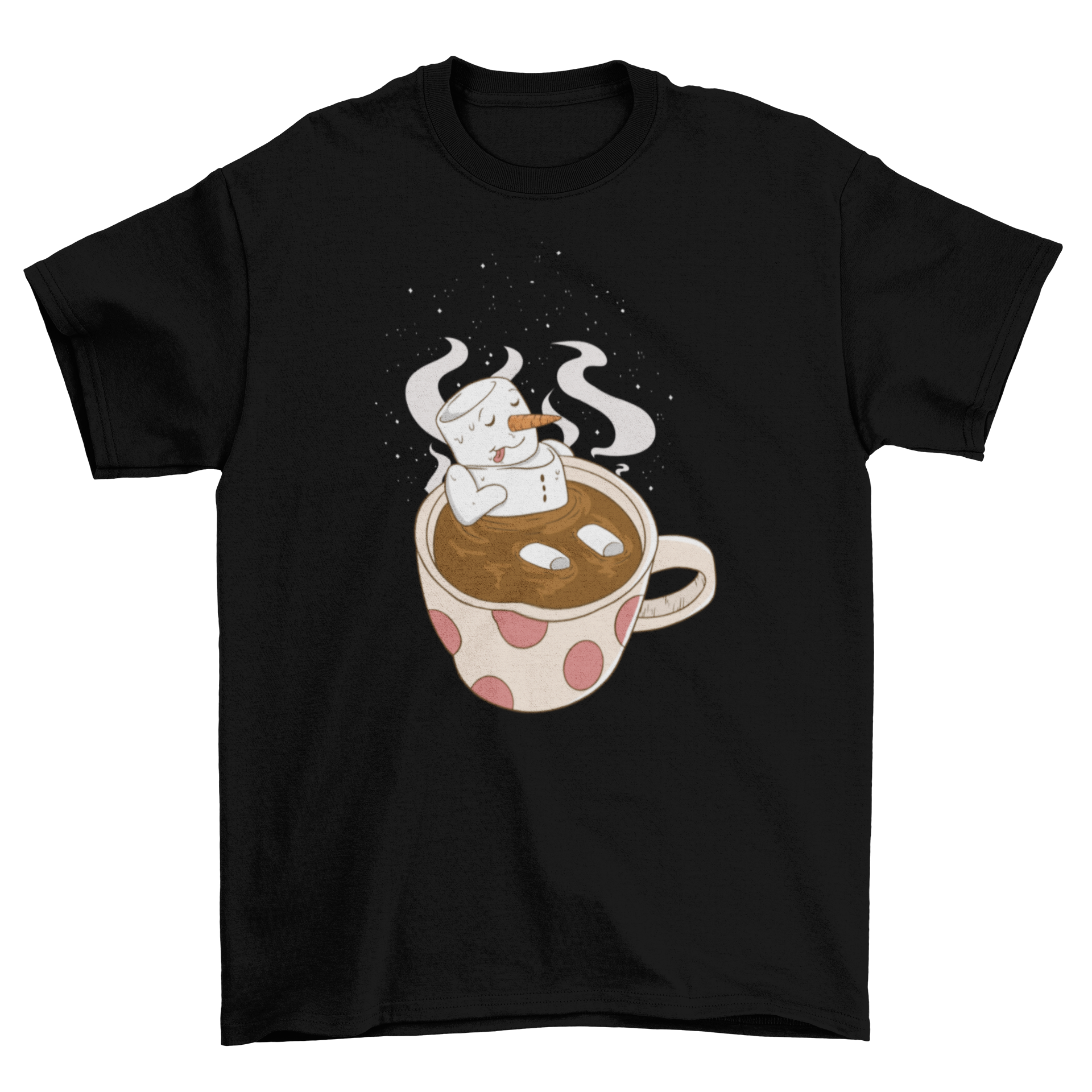 A cozy t-shirt featuring a cute marshmallow snowman in a chocolate mug design, perfect for winter celebrations.