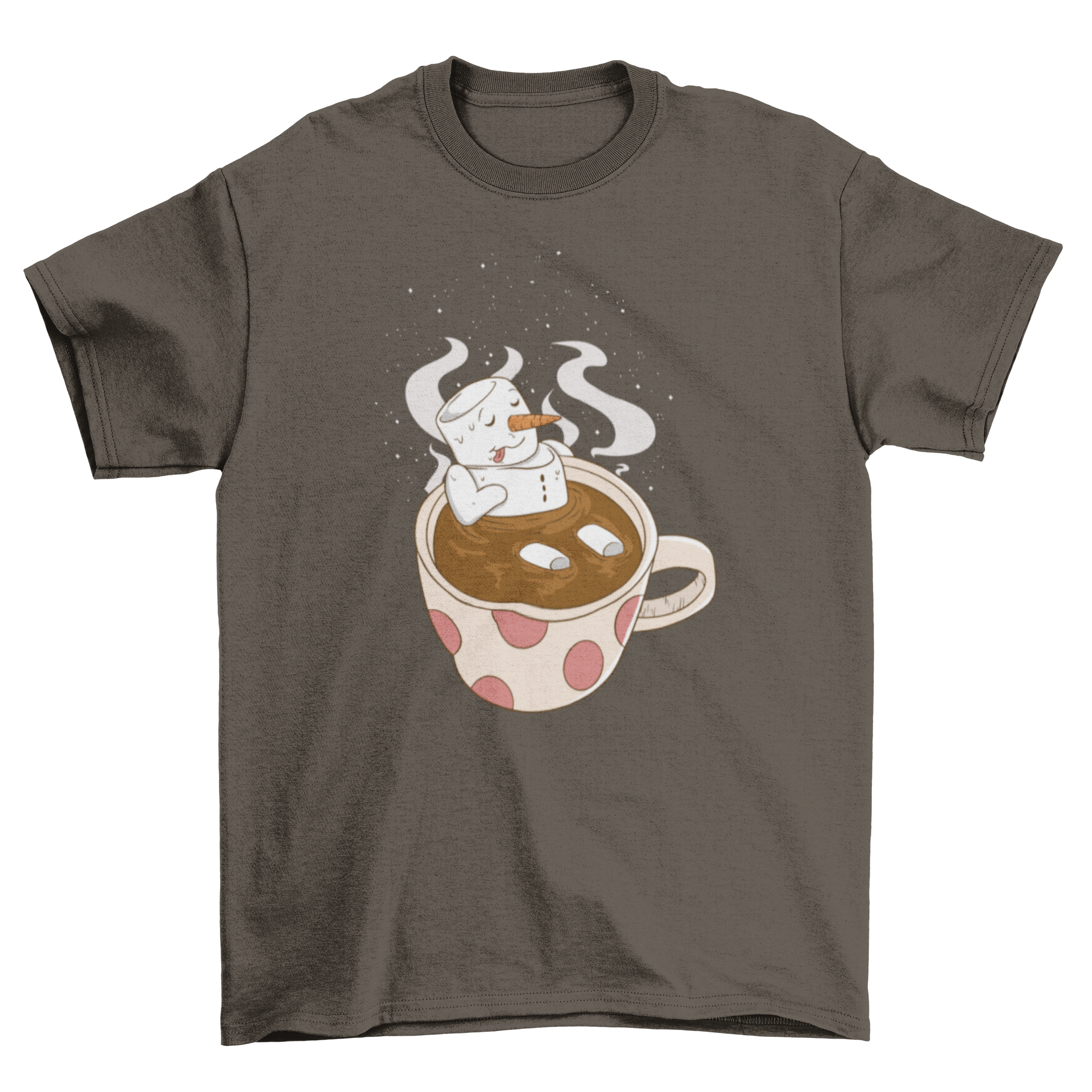 A cozy t-shirt featuring a cute marshmallow snowman in a chocolate mug design, perfect for winter celebrations.