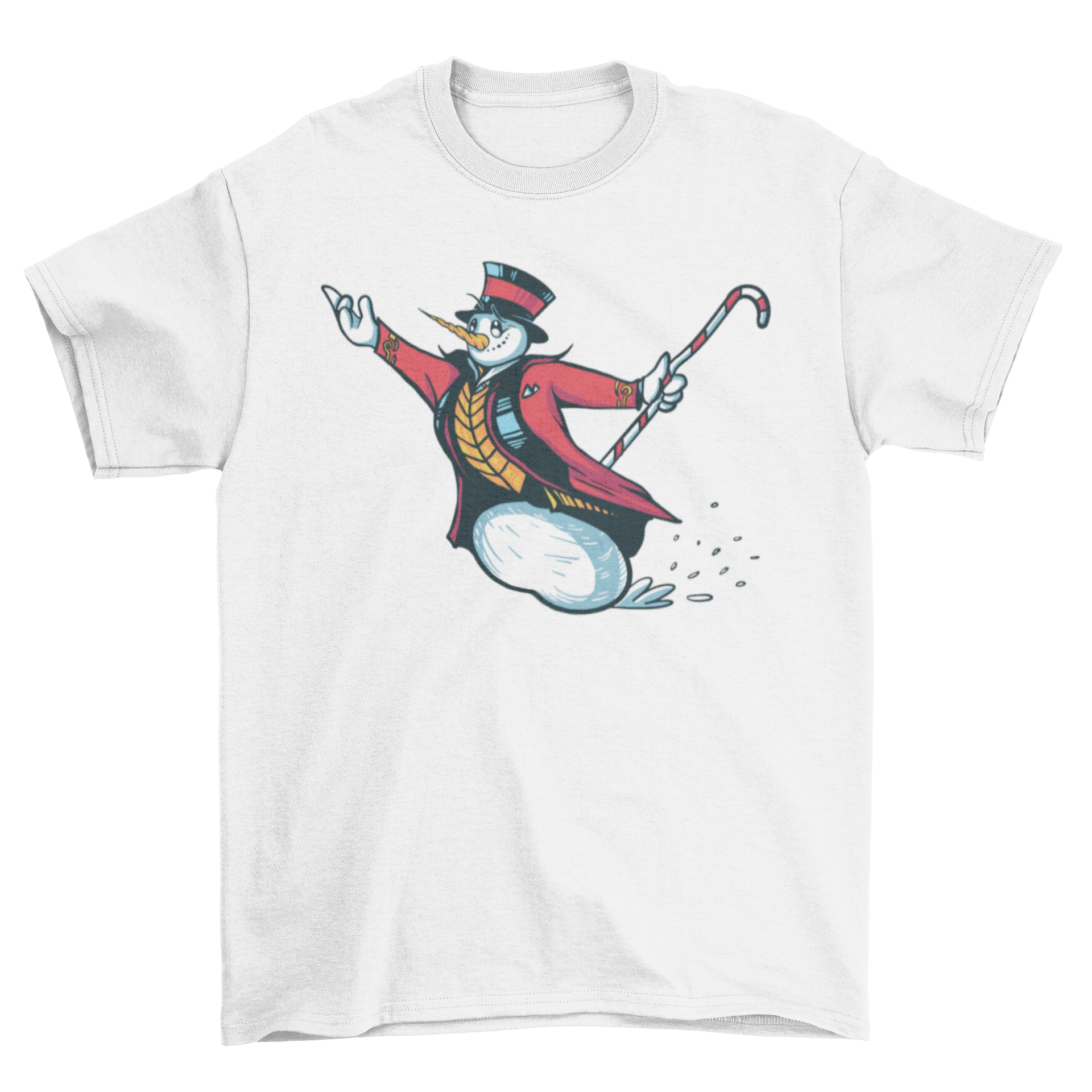 A festive t-shirt featuring a snowman dressed as a ringmaster, showcasing a playful winter design.