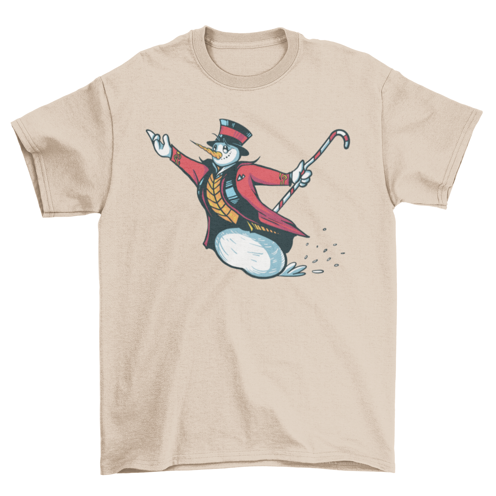 A festive t-shirt featuring a snowman dressed as a ringmaster, showcasing a playful winter design.