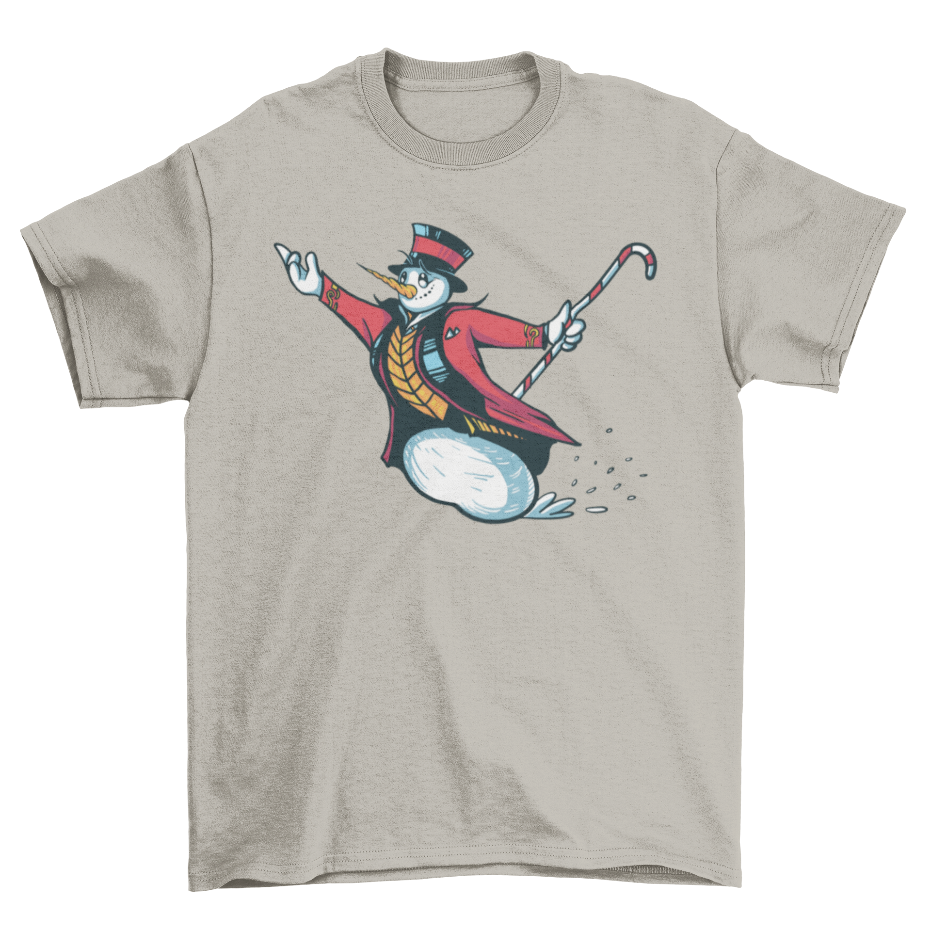 A festive t-shirt featuring a snowman dressed as a ringmaster, showcasing a playful winter design.