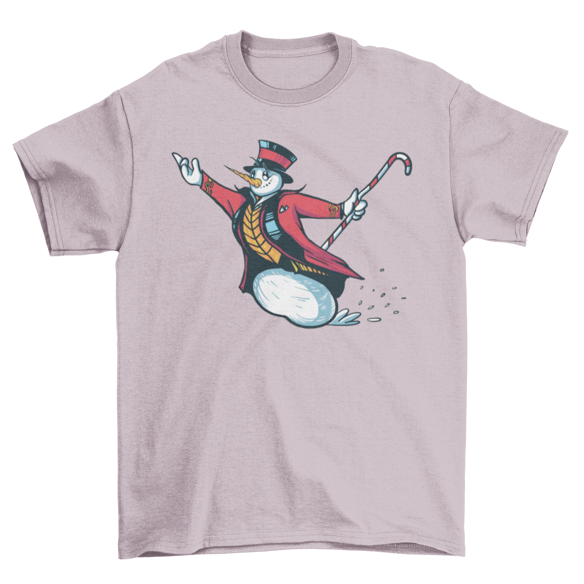 A festive t-shirt featuring a snowman dressed as a ringmaster, showcasing a playful winter design.