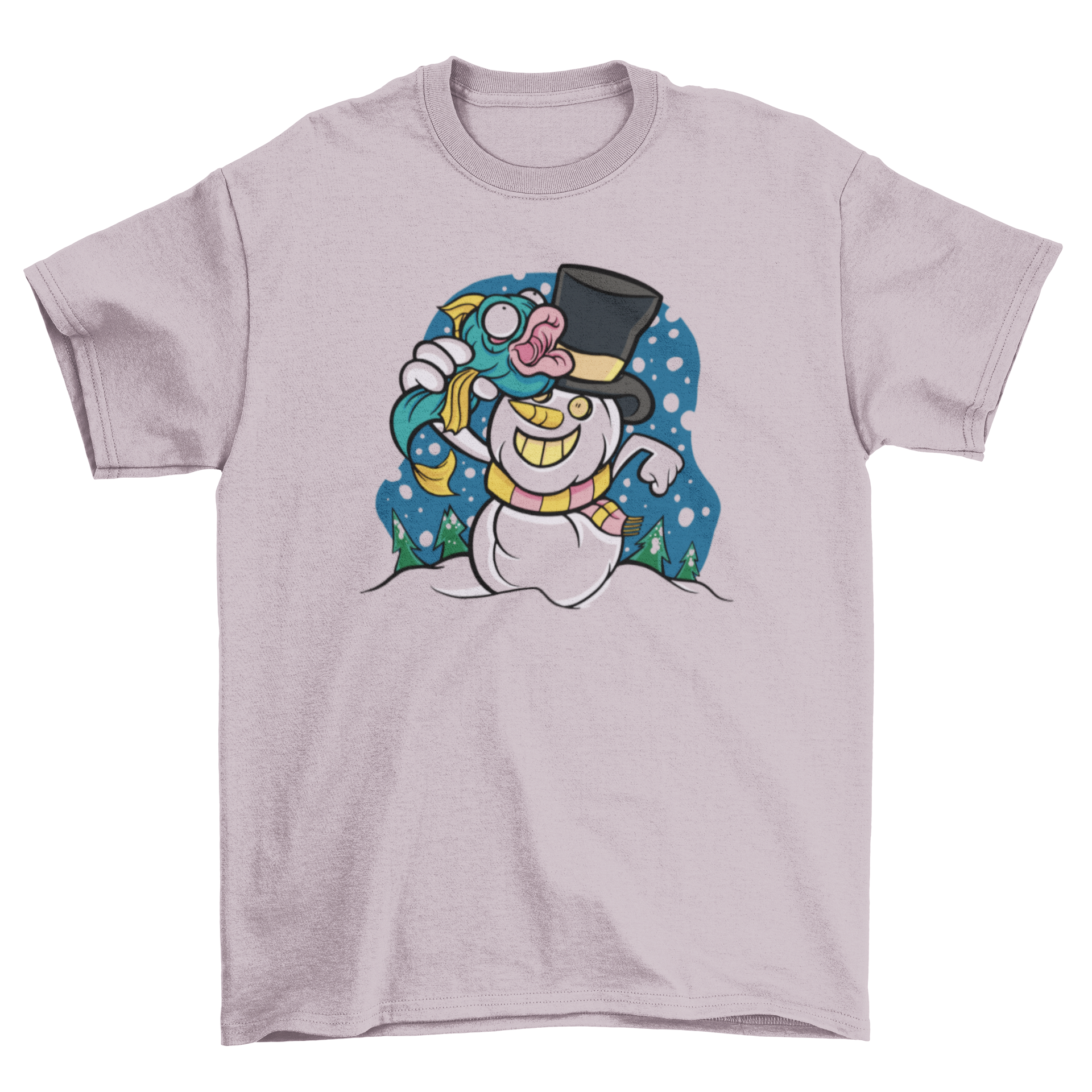 A cartoon snowman wearing a hat and scarf, holding a fish, featured on a winter-themed t-shirt.