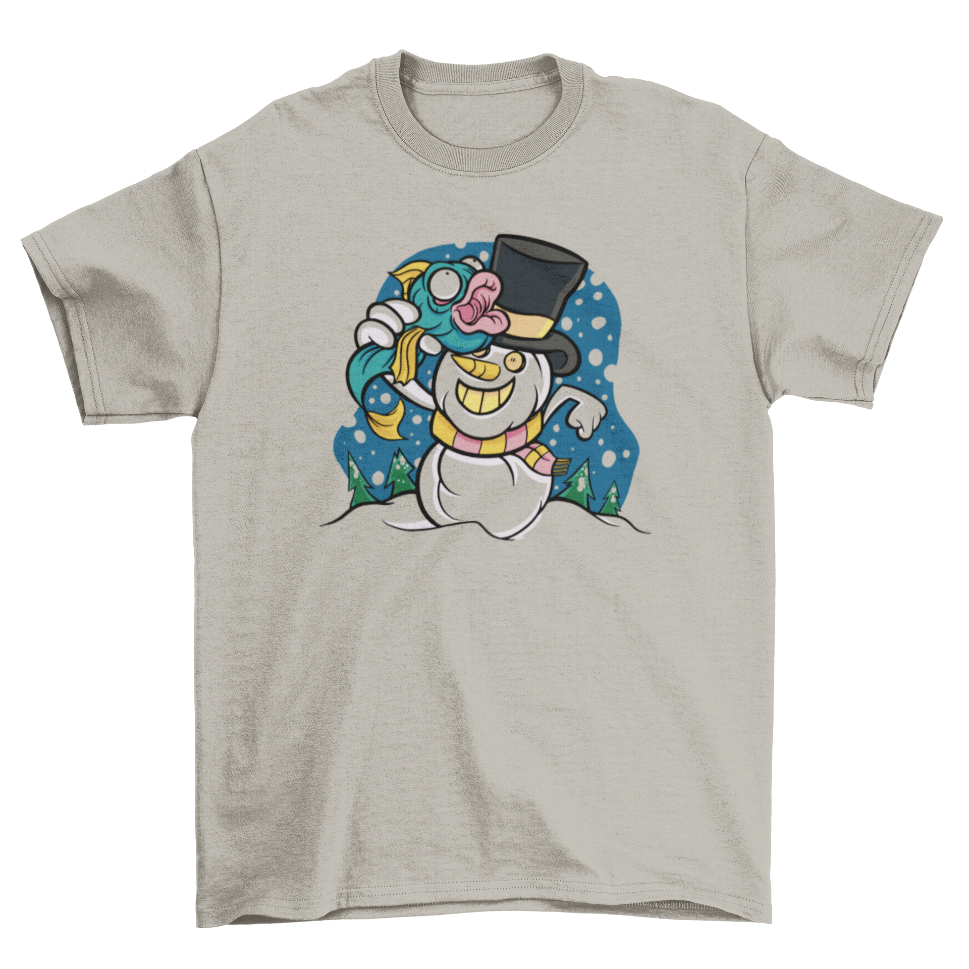 A cartoon snowman wearing a hat and scarf, holding a fish, featured on a winter-themed t-shirt.