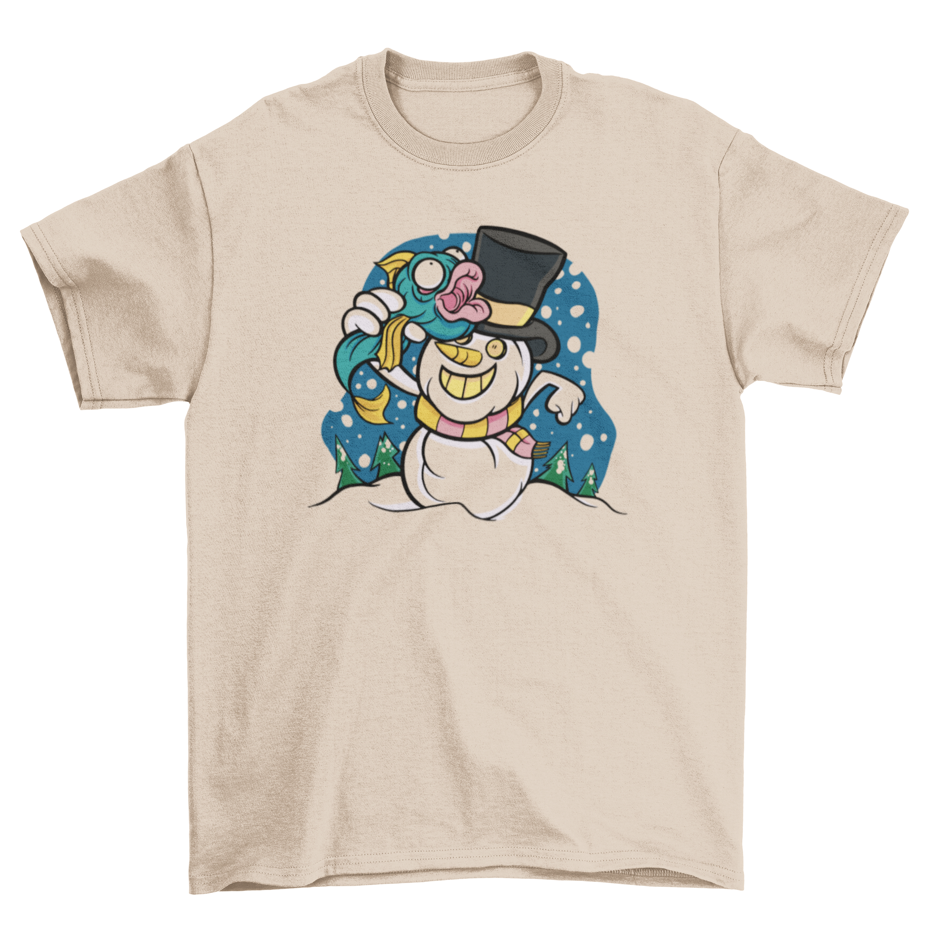 A cartoon snowman wearing a hat and scarf, holding a fish, featured on a winter-themed t-shirt.