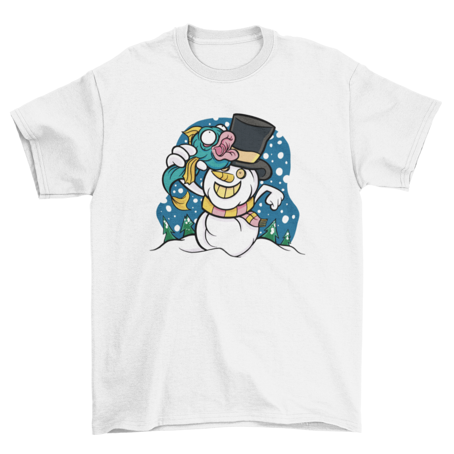 A cartoon snowman wearing a hat and scarf, holding a fish, featured on a winter-themed t-shirt.