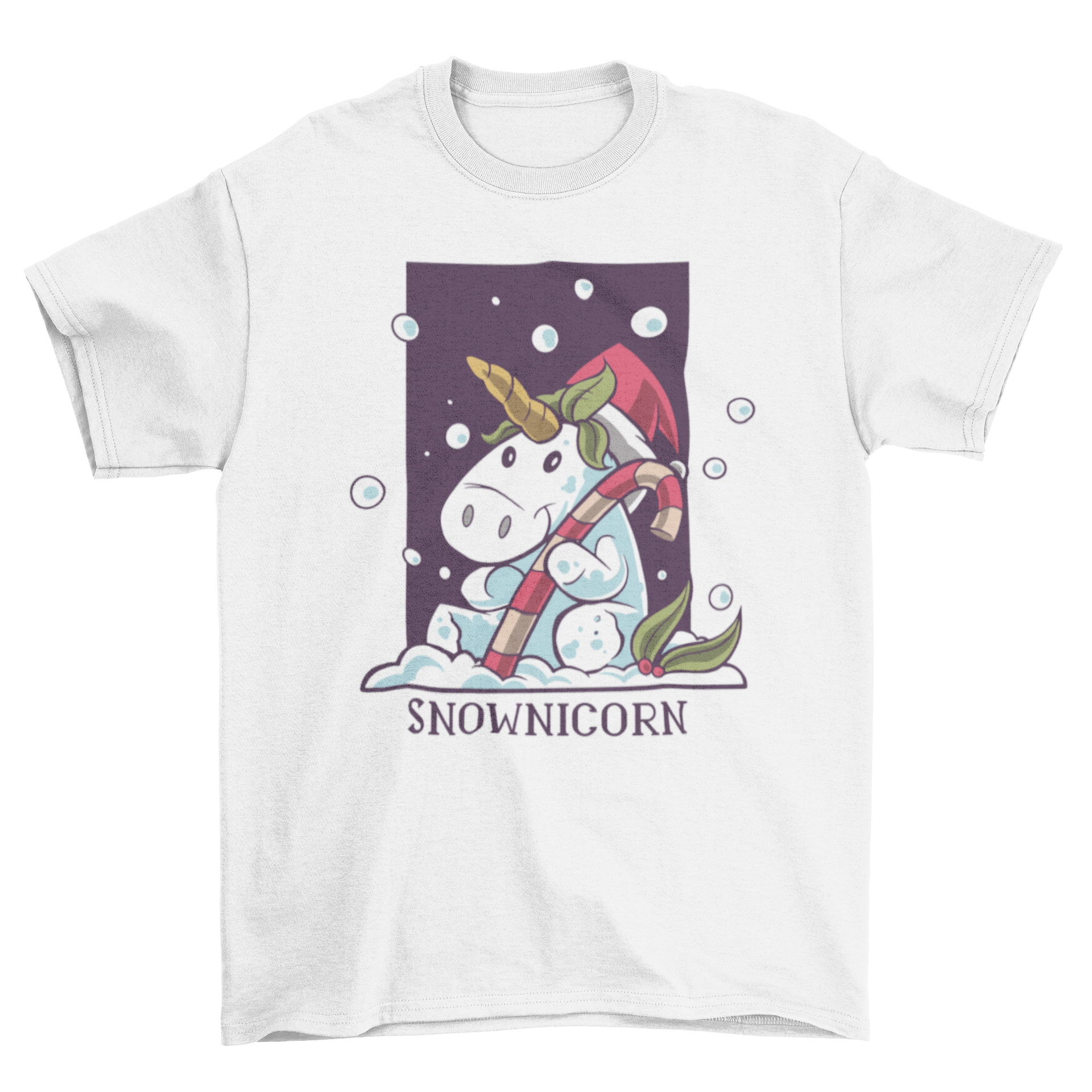 Snownicorn t-shirt featuring a unicorn in a Santa hat hugging a candy cane with festive colors.