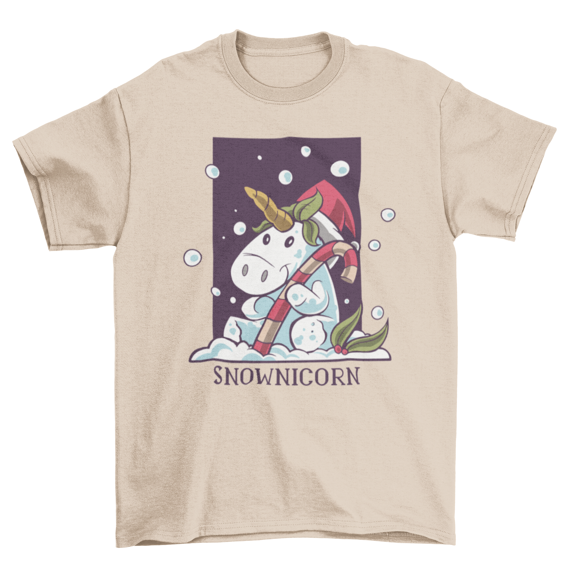 Snownicorn t-shirt featuring a unicorn in a Santa hat hugging a candy cane with festive colors.