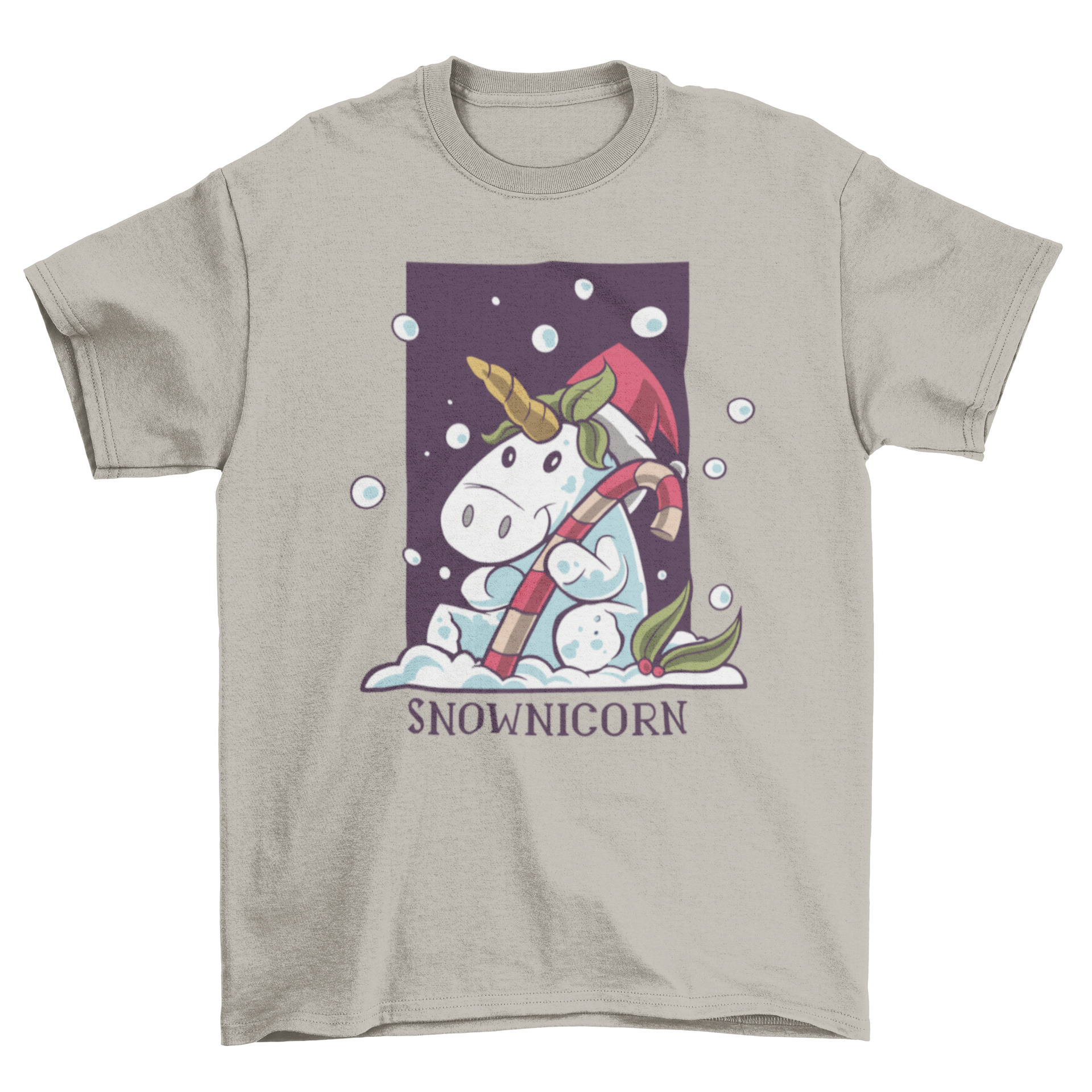 Snownicorn t-shirt featuring a unicorn in a Santa hat hugging a candy cane with festive colors.