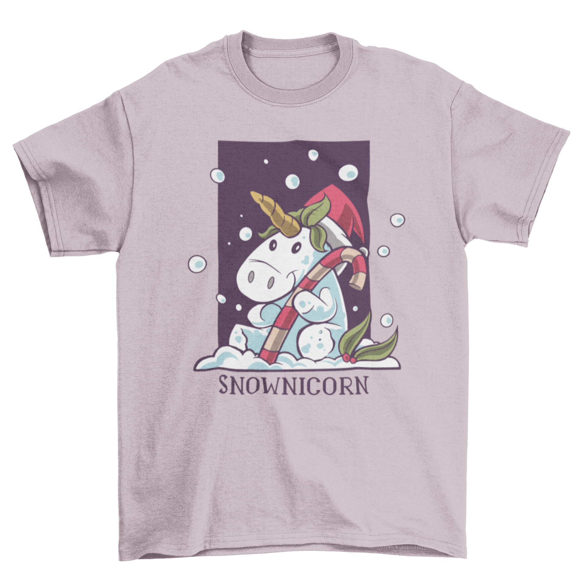 Snownicorn t-shirt featuring a unicorn in a Santa hat hugging a candy cane with festive colors.