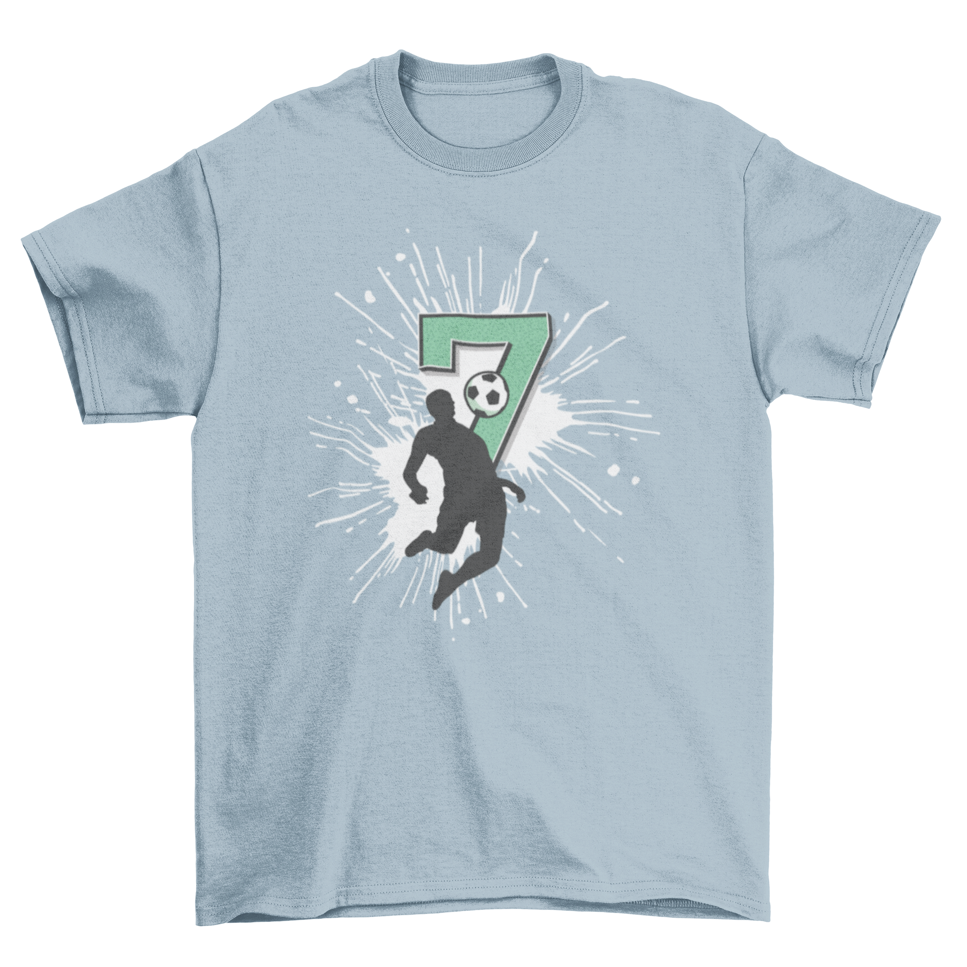 Soccer 7th Birthday T-Shirt featuring a soccer player and a large number 7 with a paint splash design.